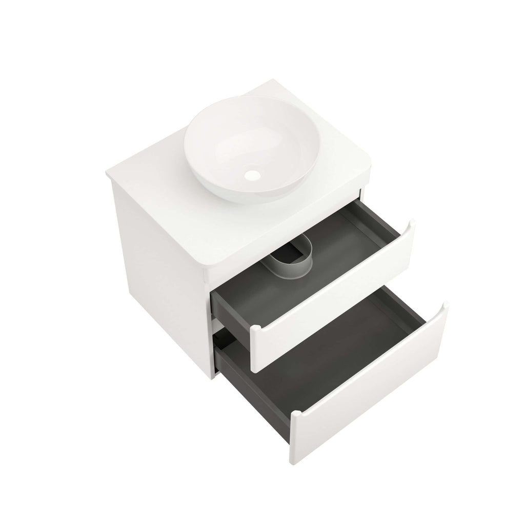 Modern white bathroom vanity unit with sink, featuring two spacious drawers and a sleek design, ideal for contemporary bathroom organisation and storage solutions.