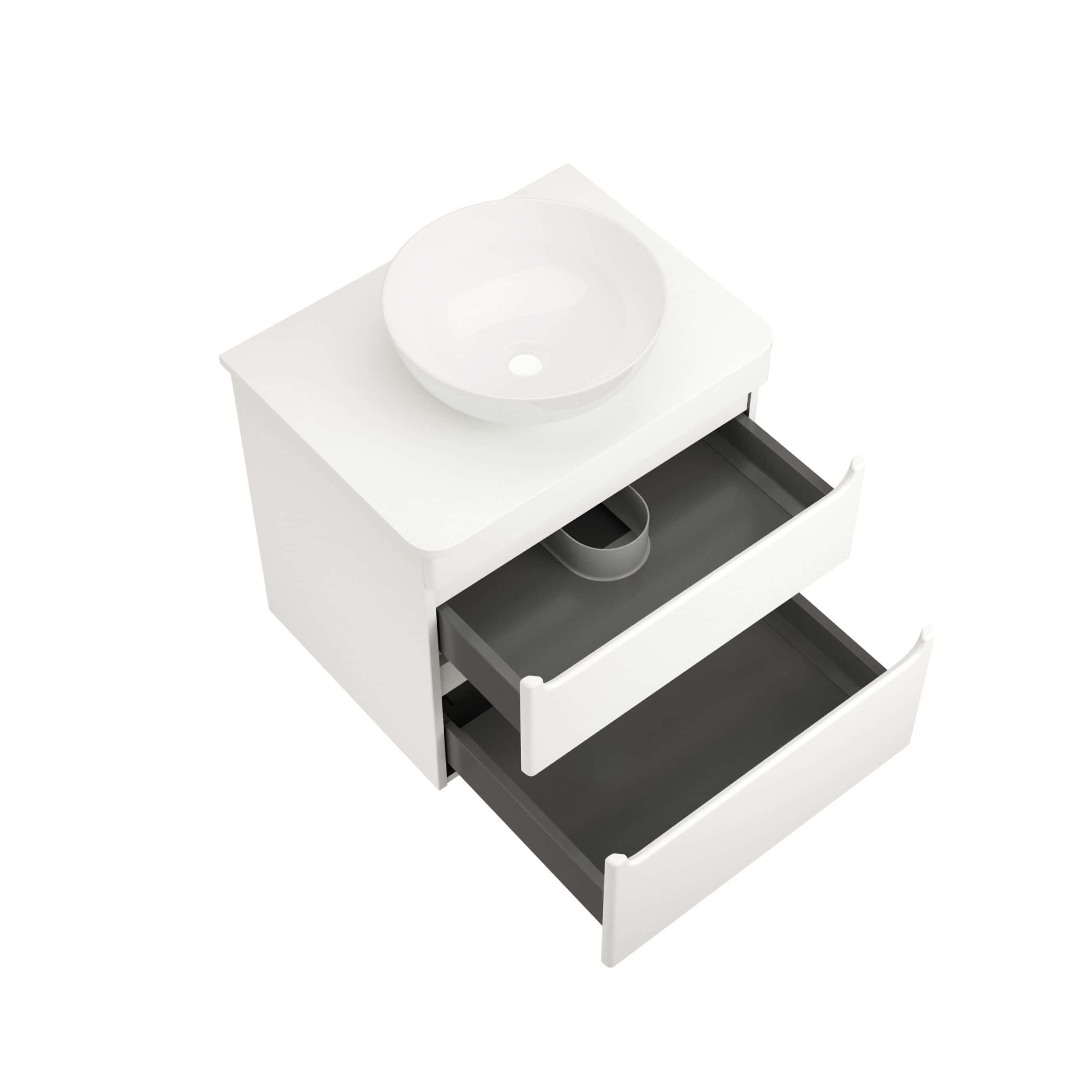 Modern white bathroom vanity unit with sink, featuring two spacious drawers and a sleek design, ideal for contemporary bathroom organisation and storage solutions.