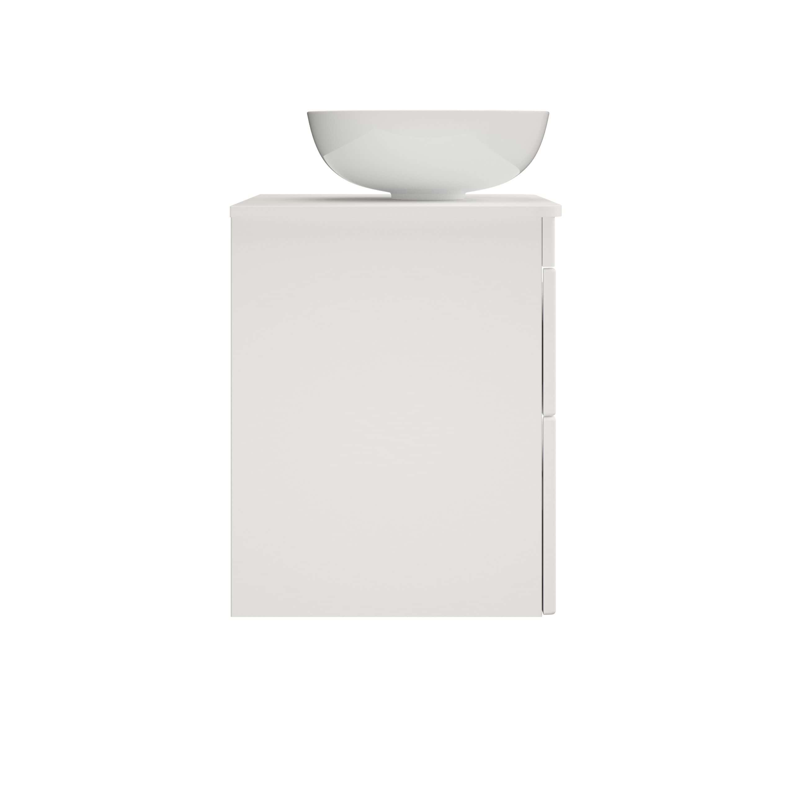 Minimalist white bathroom vanity with a vessel sink, modern design, and clean lines, ideal for contemporary bathroom interiors. Perfect for sleek, functional bathroom decor.