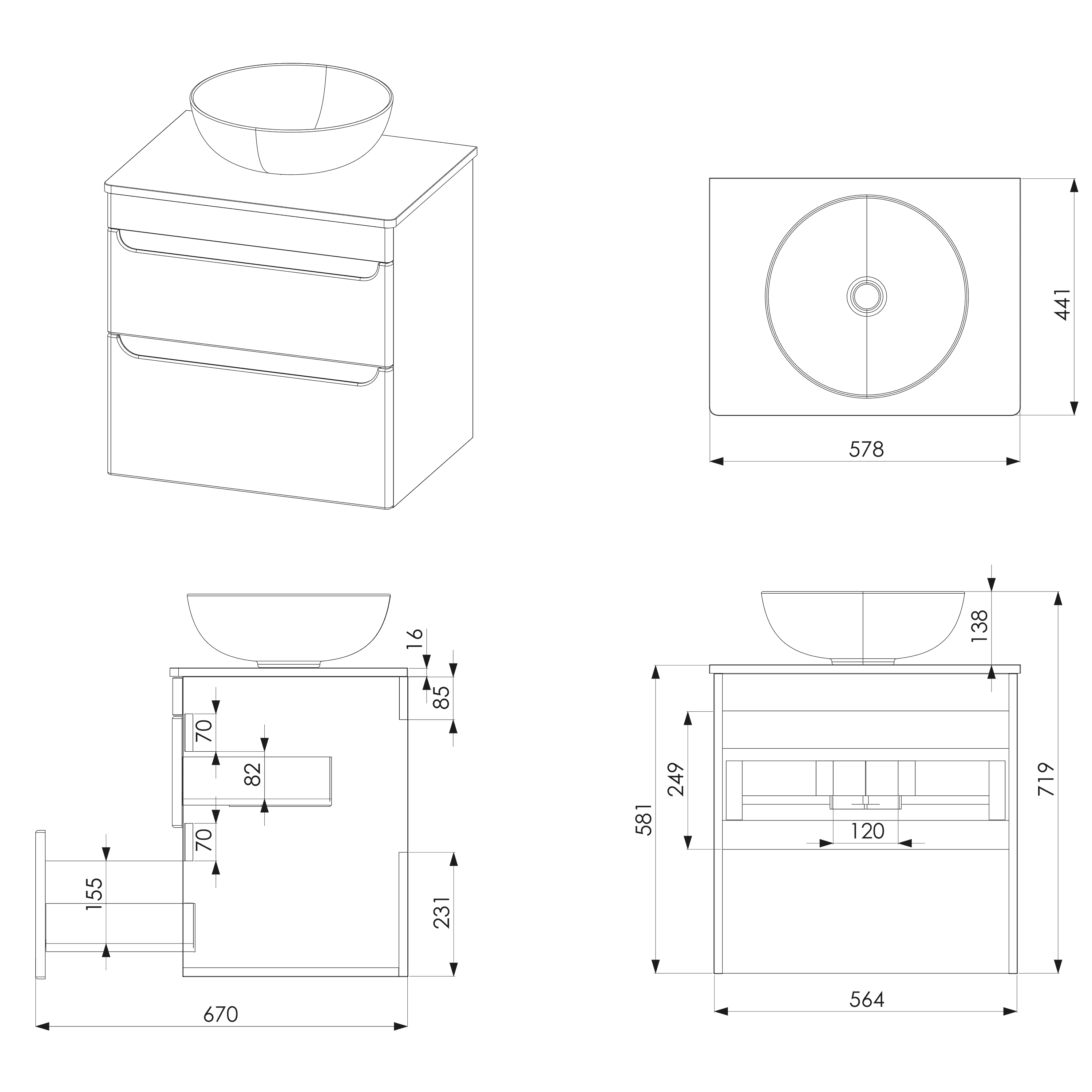 Sleek modern bathroom vanity with a round vessel sink, designed for stylish and functional bathroom upgrades. Includes detailed measurements for perfect fit and installation.