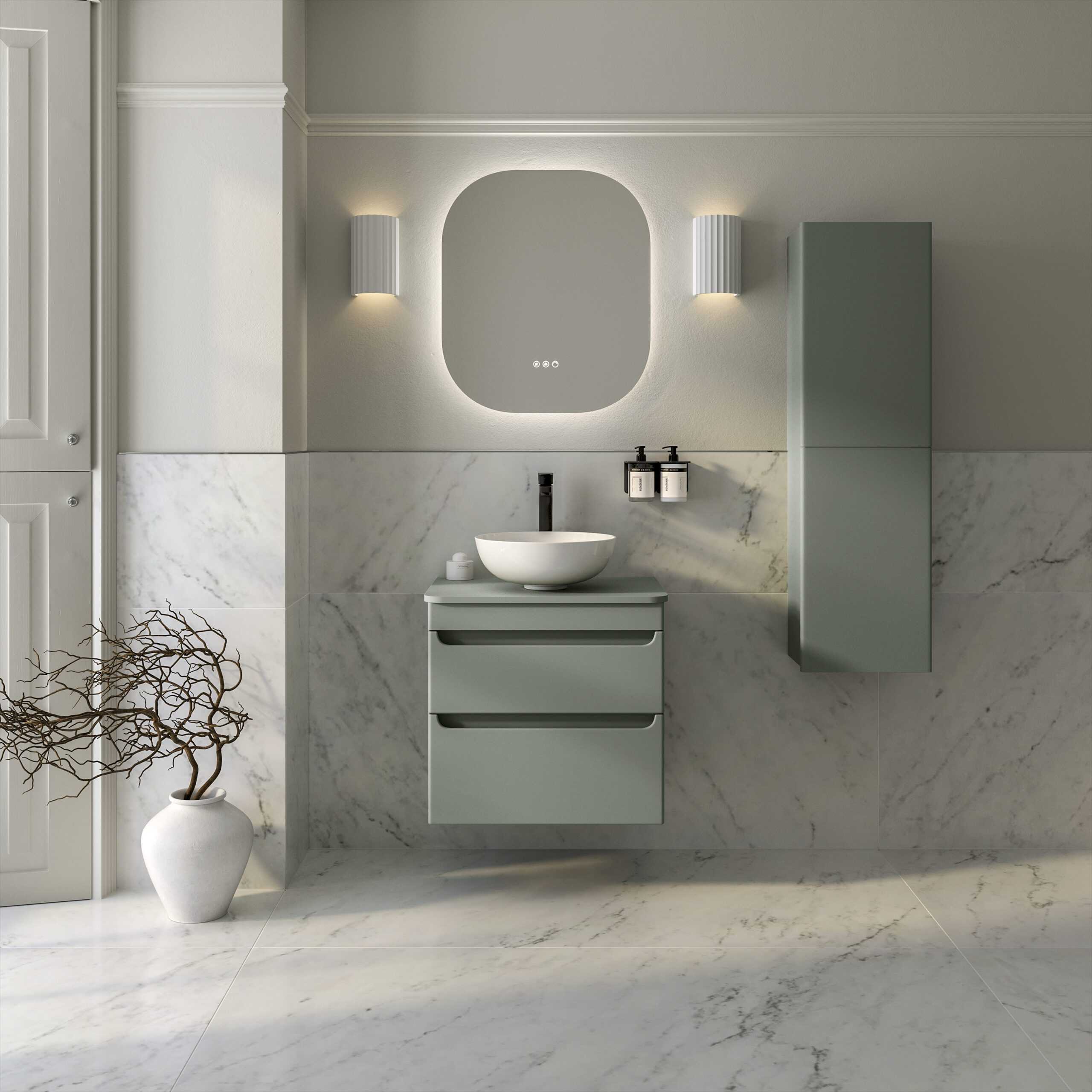 Sleek modern grey bathroom vanity with vessel sink, wall-mounted cabinet, and stylish mirror, creating a minimalist and elegant space for contemporary bathroom design.