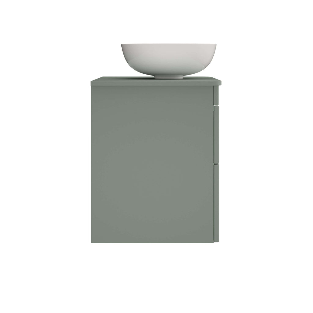 Minimalist grey bathroom vanity with a white vessel sink for contemporary bathroom decor. Perfect for modern spaces with sleek, clean lines and functional design.