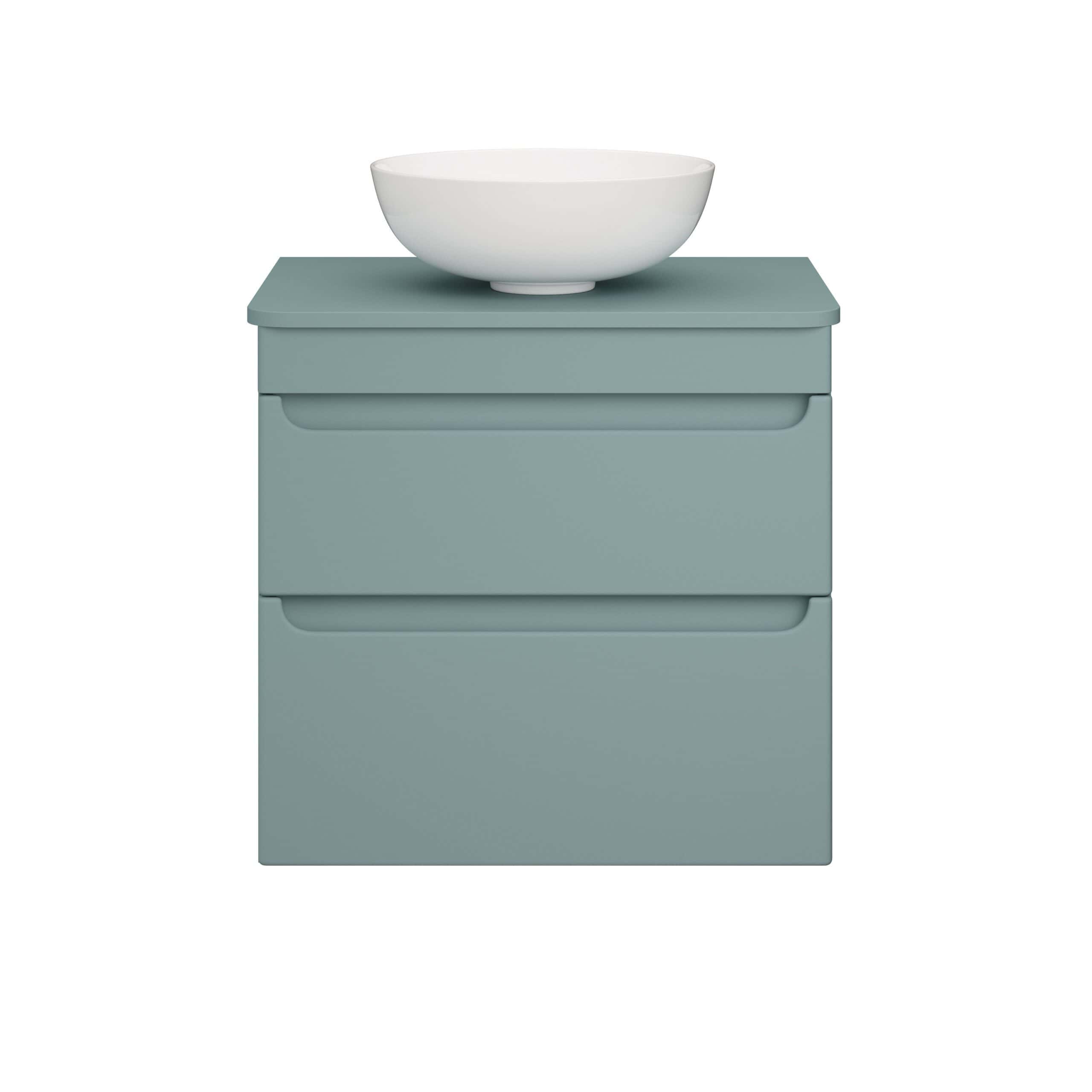 Minimalist bathroom vanity with integrated basin, modern design, soft grey finish, ideal for contemporary bathrooms, Bubbly Bathrooms collection.
