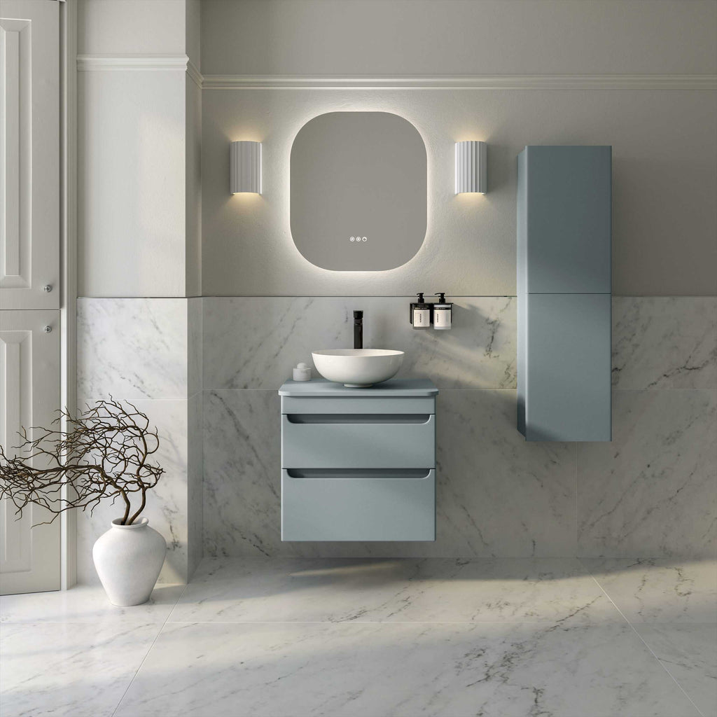 Modern bathroom vanity with a round vessel sink, wall-mounted cabinet, and sleek lighting, showcasing contemporary bathroom design with marble accents for a stylish and functional space.