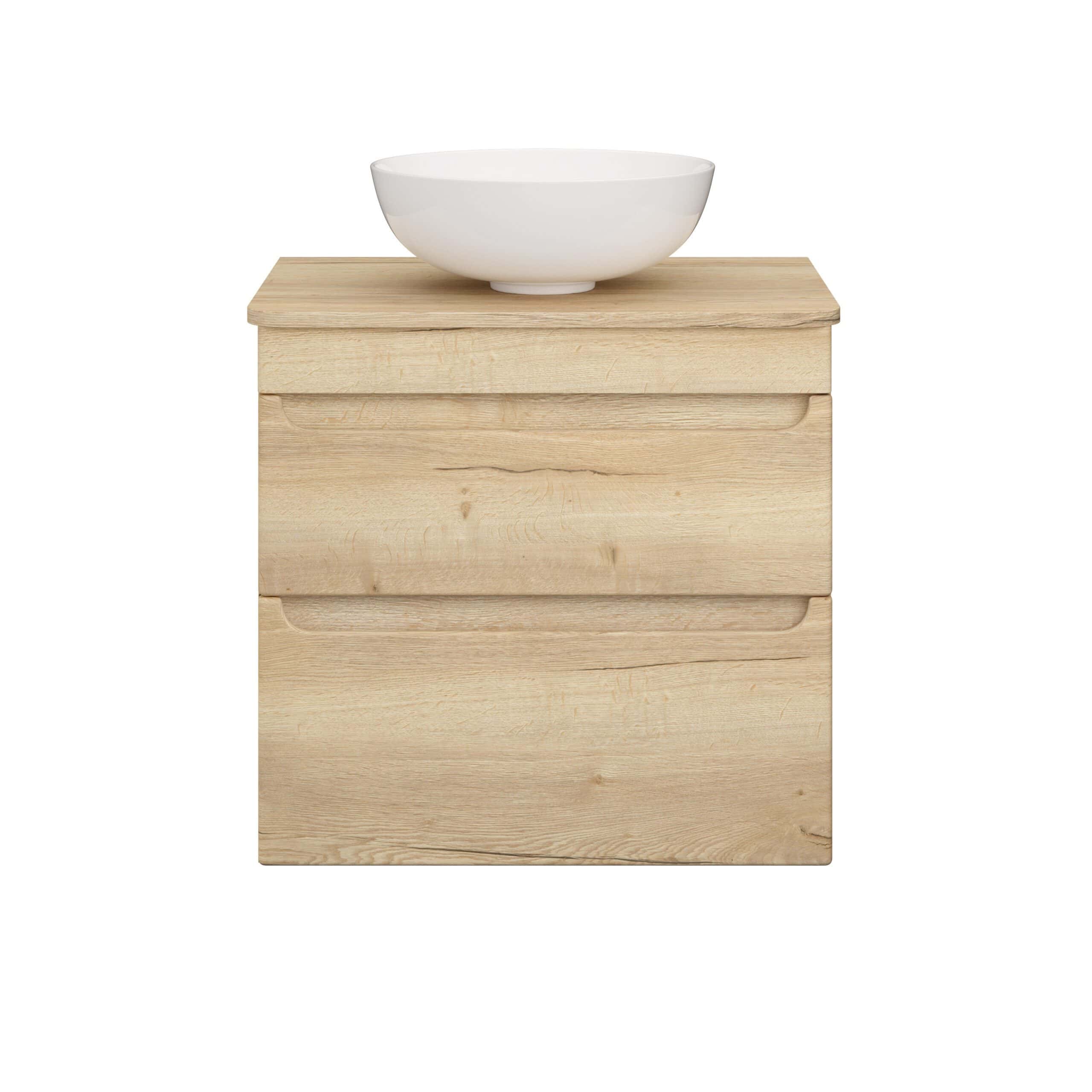 Smooth wooden bathroom vanity with a white ceramic vessel sink for modern bathroom design. Crafted from natural timber, this unit offers style and functionality for a contemporary bathroom setting.