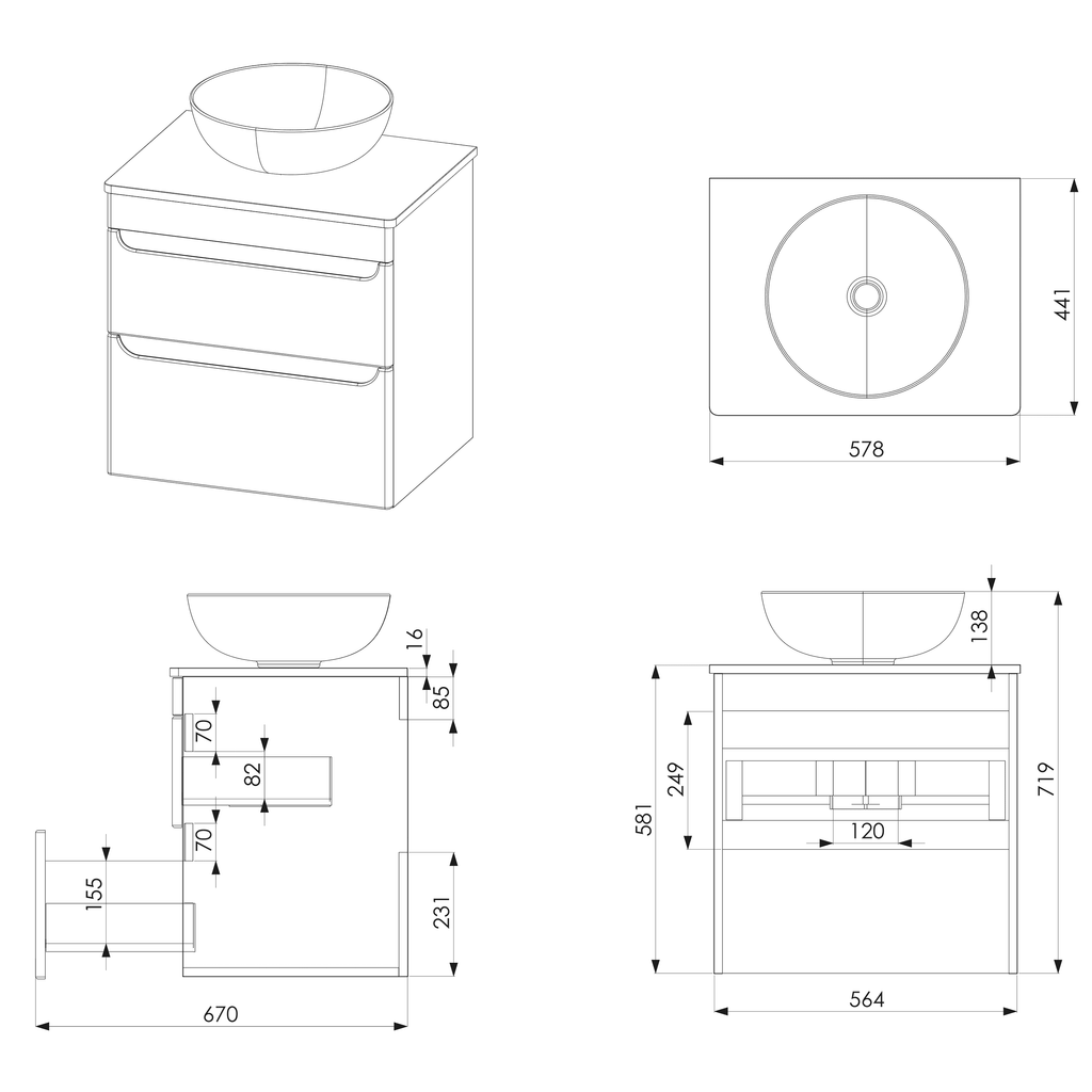 Modern bathroom vanity unit with a round countertop basin, detailed technical drawings, and measurements for stylish and functional bathroom design.