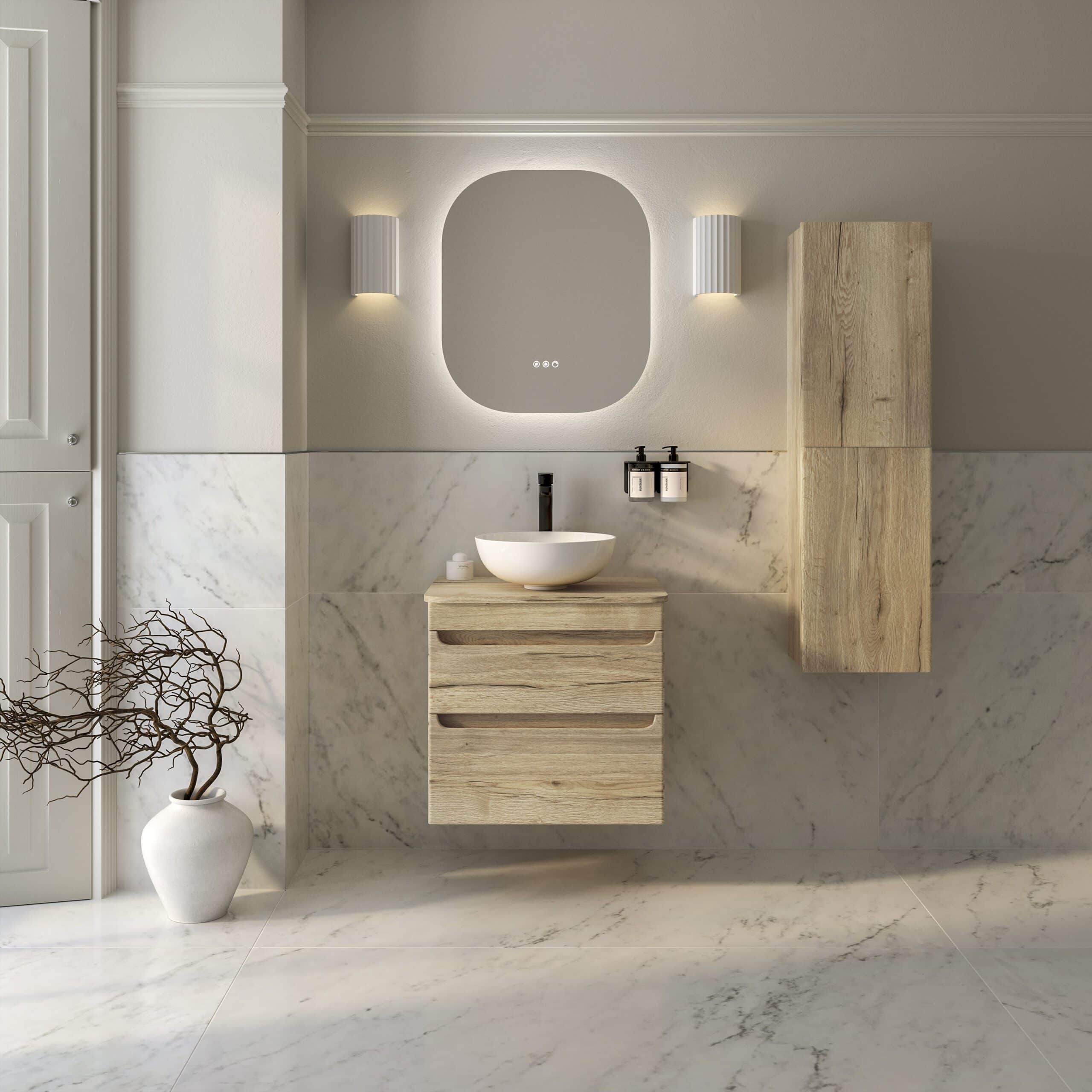 Contemporary bathroom featuring a floating wooden vanity with vessel sink, large mirror with LED lighting, and minimalist decor with marble tiles for a sleek, modern look.