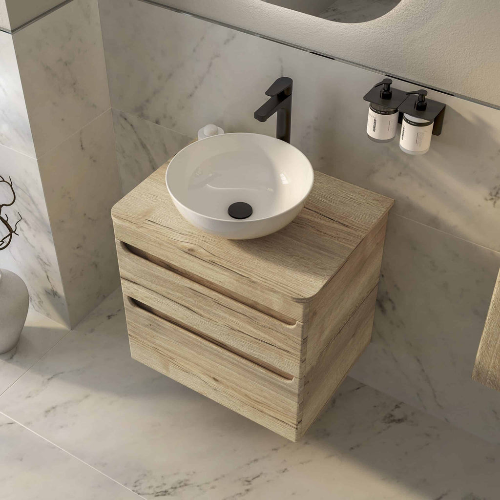 Modern wooden bathroom vanity with a round ceramic sink and matte black fixtures, featuring clean lines and minimalist design for contemporary bathroom decor.