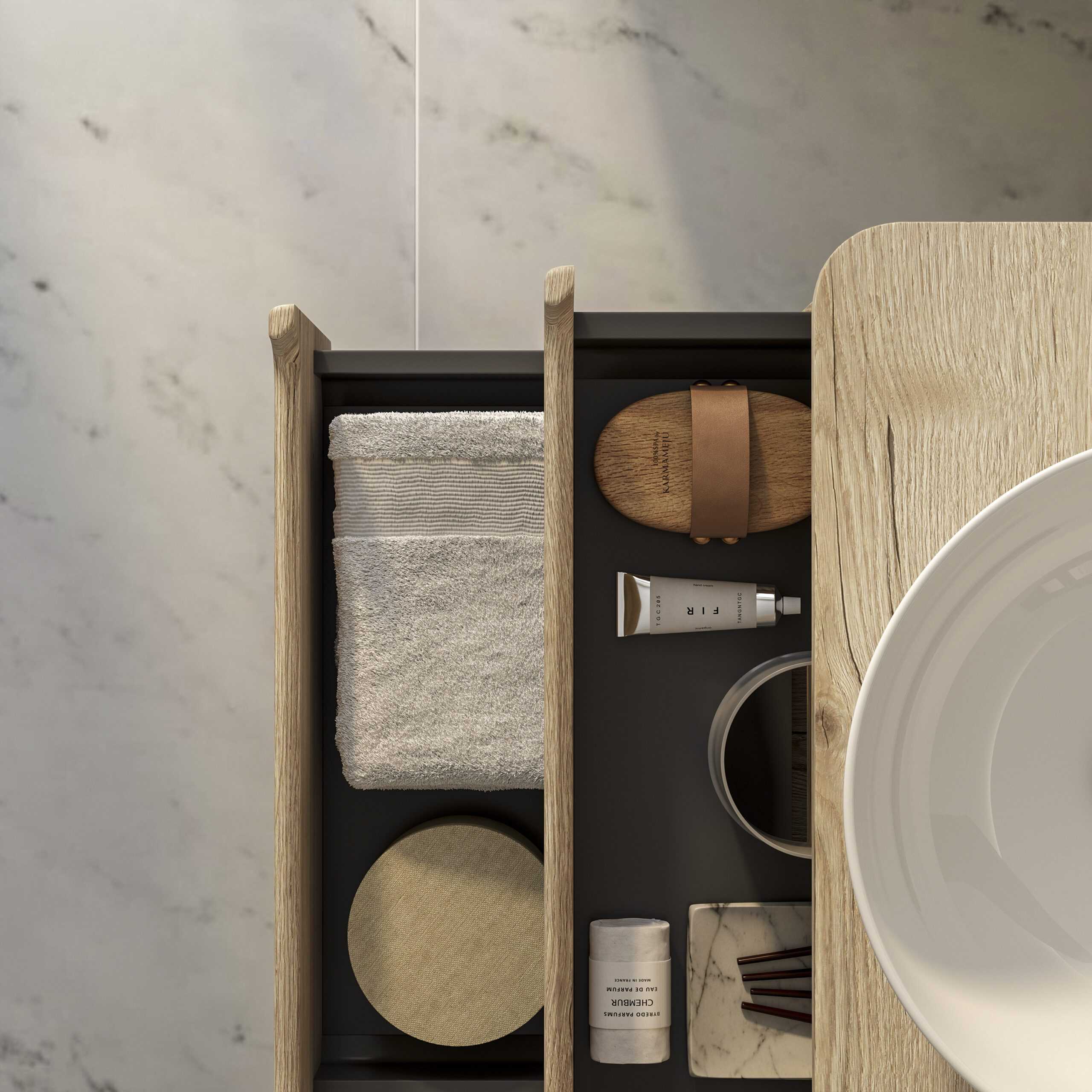 Organised bathroom storage with towel, skincare, and accessory compartments, showcasing modern bathroom organisation solutions for a stylish and functional space.