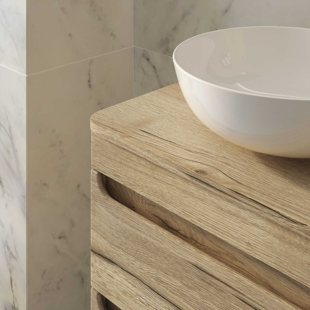 Luxurious wooden bathroom vanity with a sleek white vessel sink, modern and stylish design for contemporary bathrooms. Perfect for enhancing bathroom aesthetics and functionality.
