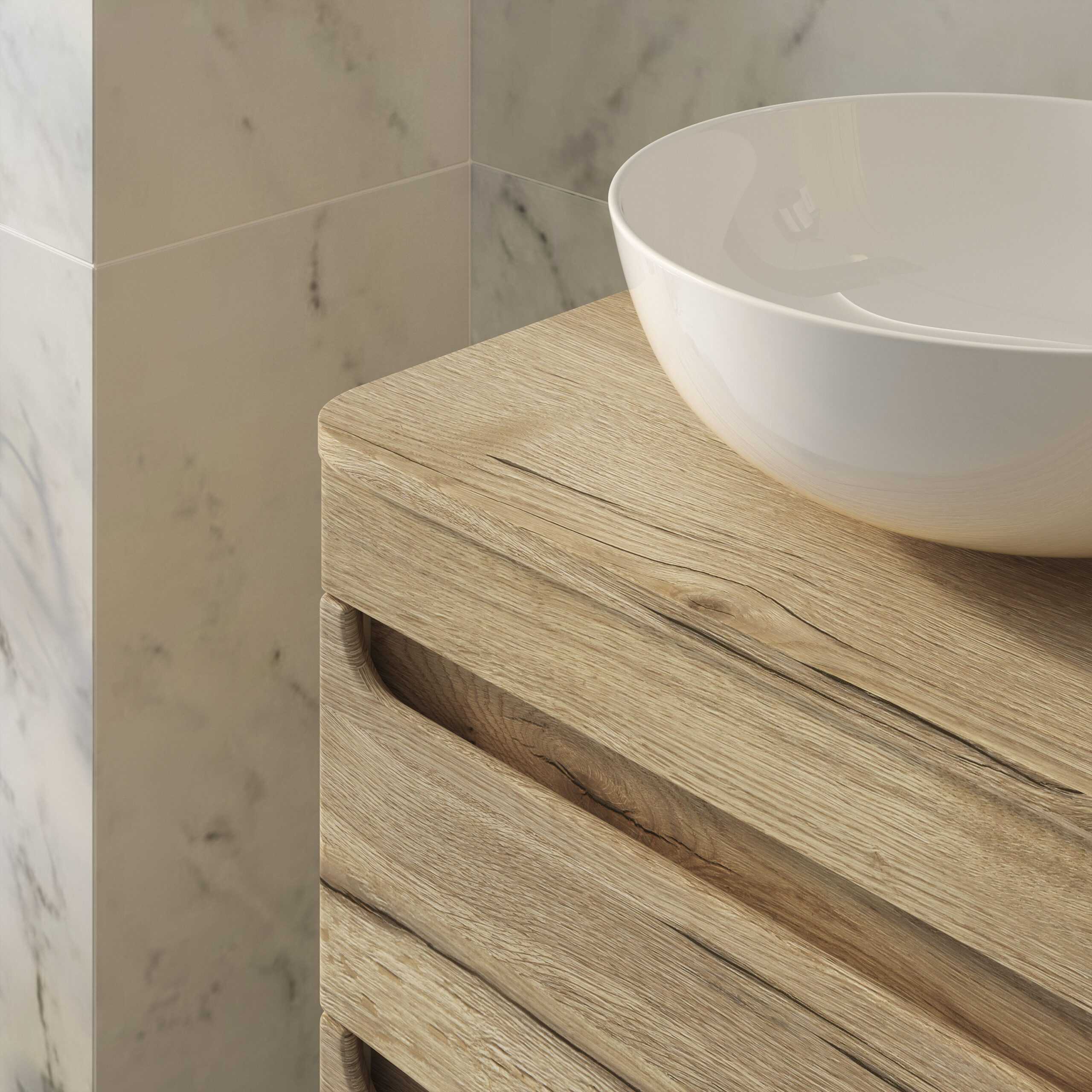 Luxurious wooden bathroom vanity with a sleek white vessel sink, modern and stylish design for contemporary bathrooms. Perfect for enhancing bathroom aesthetics and functionality.