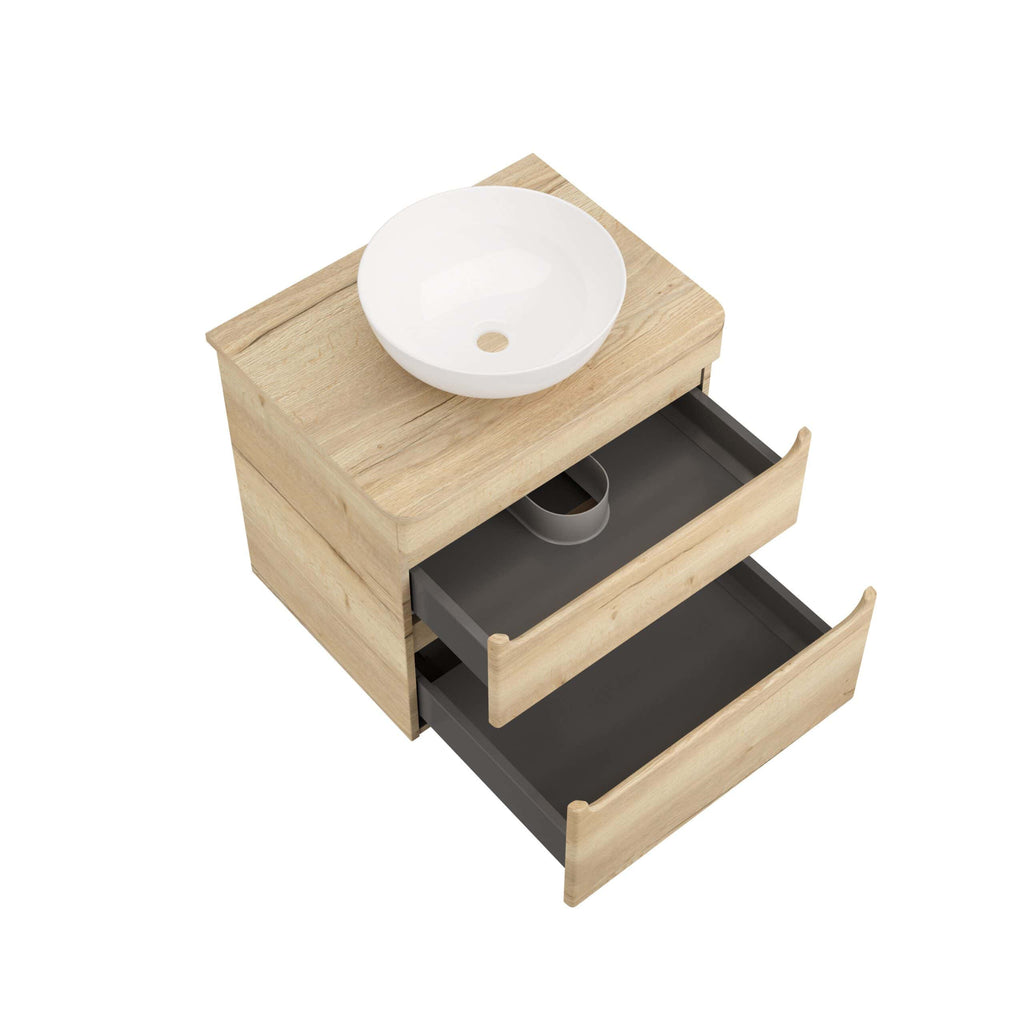 Elegant bathroom vanity with natural wood finish, featuring a modern white vessel sink and open storage drawers for bathroom organisation. Perfect for contemporary bathroom design.