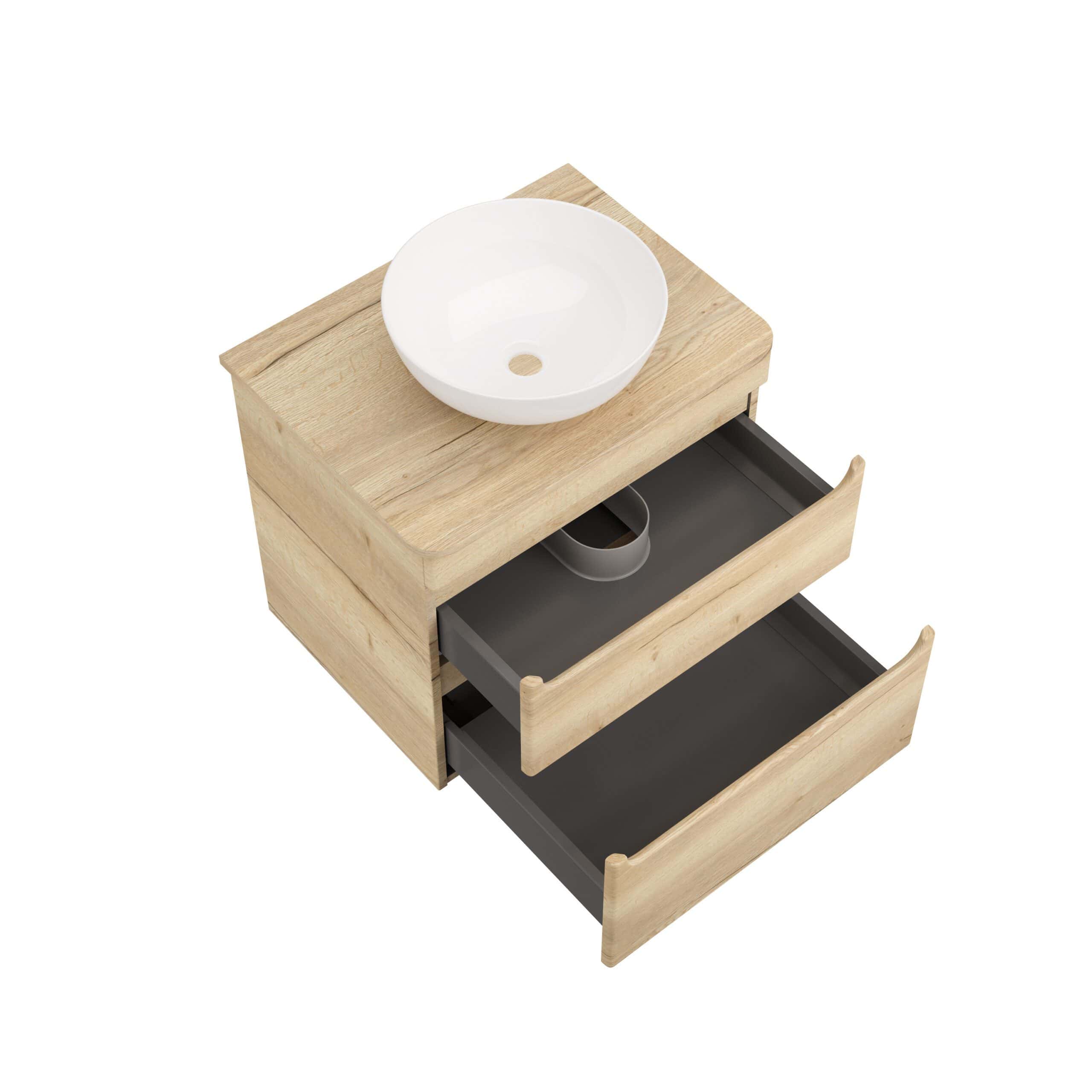 Elegant bathroom vanity with natural wood finish, featuring a modern white vessel sink and open storage drawers for bathroom organisation. Perfect for contemporary bathroom design.