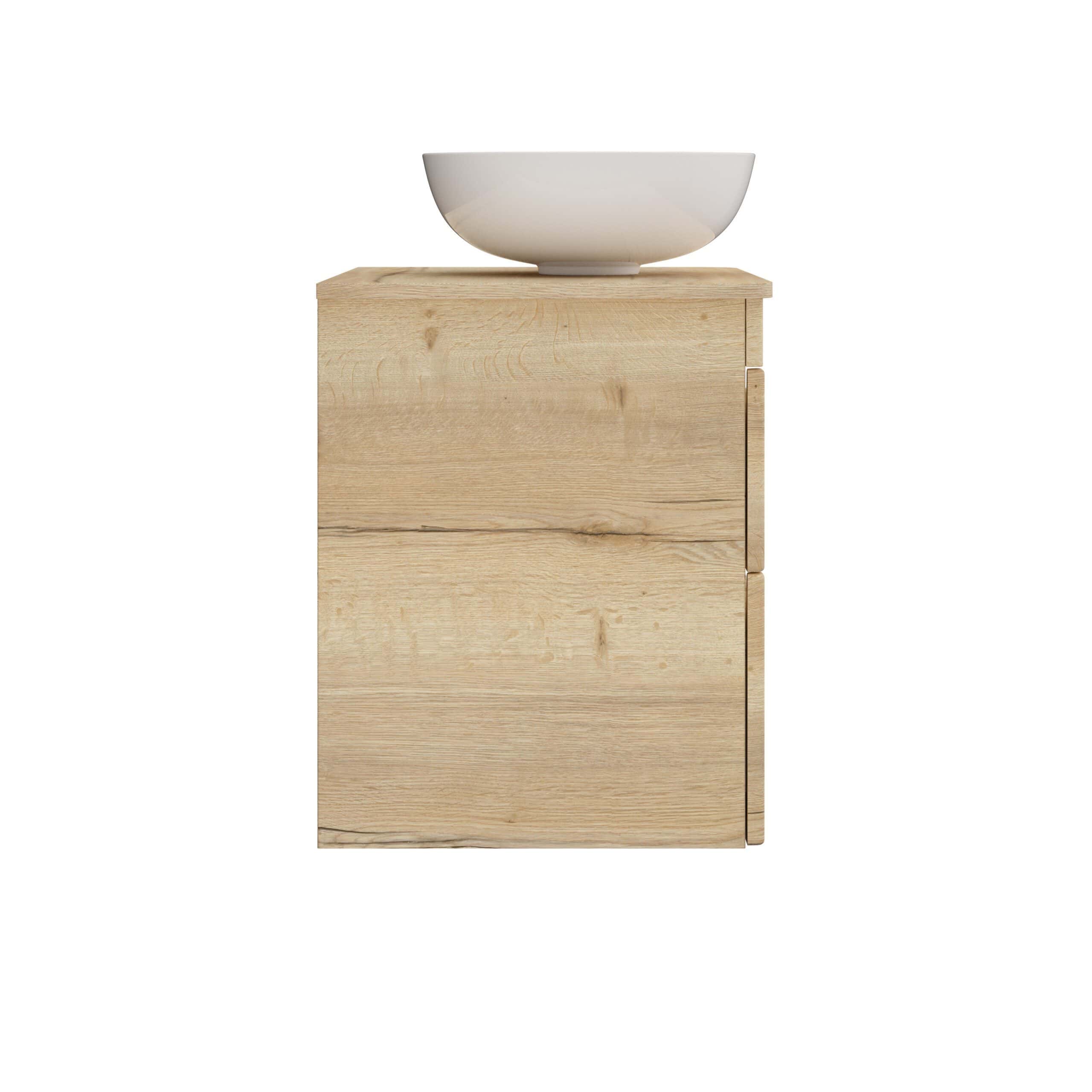 Sleek wooden bathroom vanity with a modern white ceramic basin for stylish and functional bathroom design. Perfect for contemporary bathrooms seeking natural wood finishes and minimalist aesthetics.