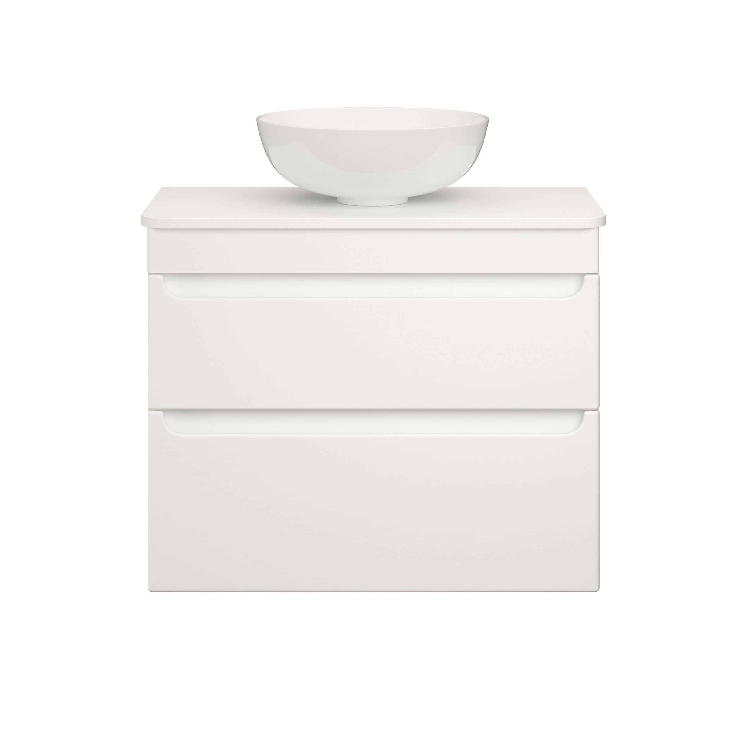 White bathroom vanity unit with a ceramic bowl sink, modern minimalistic design, ideal for contemporary bathroom decor, versatile storage with three drawers, high-quality materials.