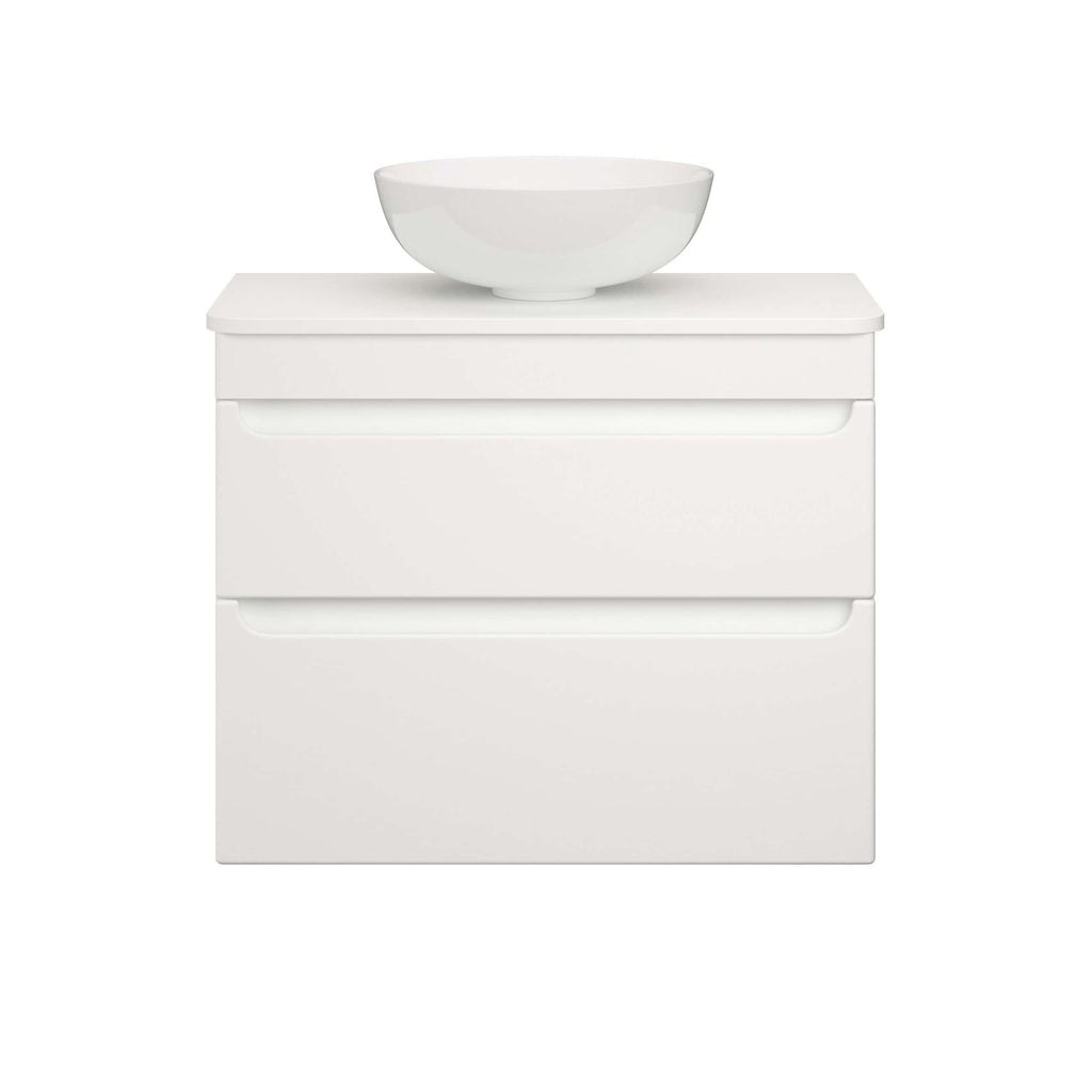 White bathroom vanity unit with a ceramic bowl sink, modern minimalistic design, ideal for contemporary bathroom decor, versatile storage with three drawers, high-quality materials.