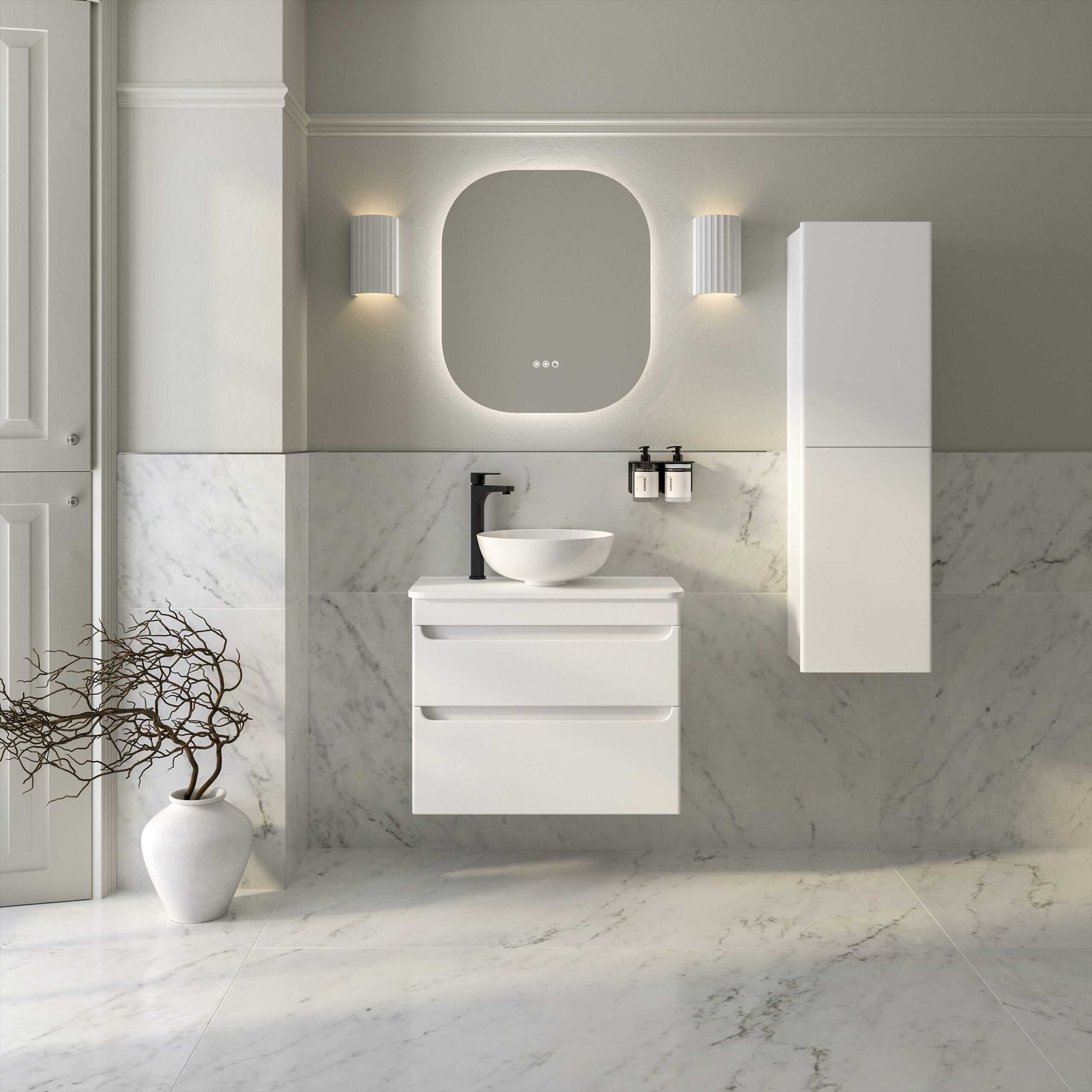 Modern minimalist bathroom vanity with white floating drawers, vessel sink, black fixtures, and large mirror, set against marble wall and floor for a luxurious bathroom decor.