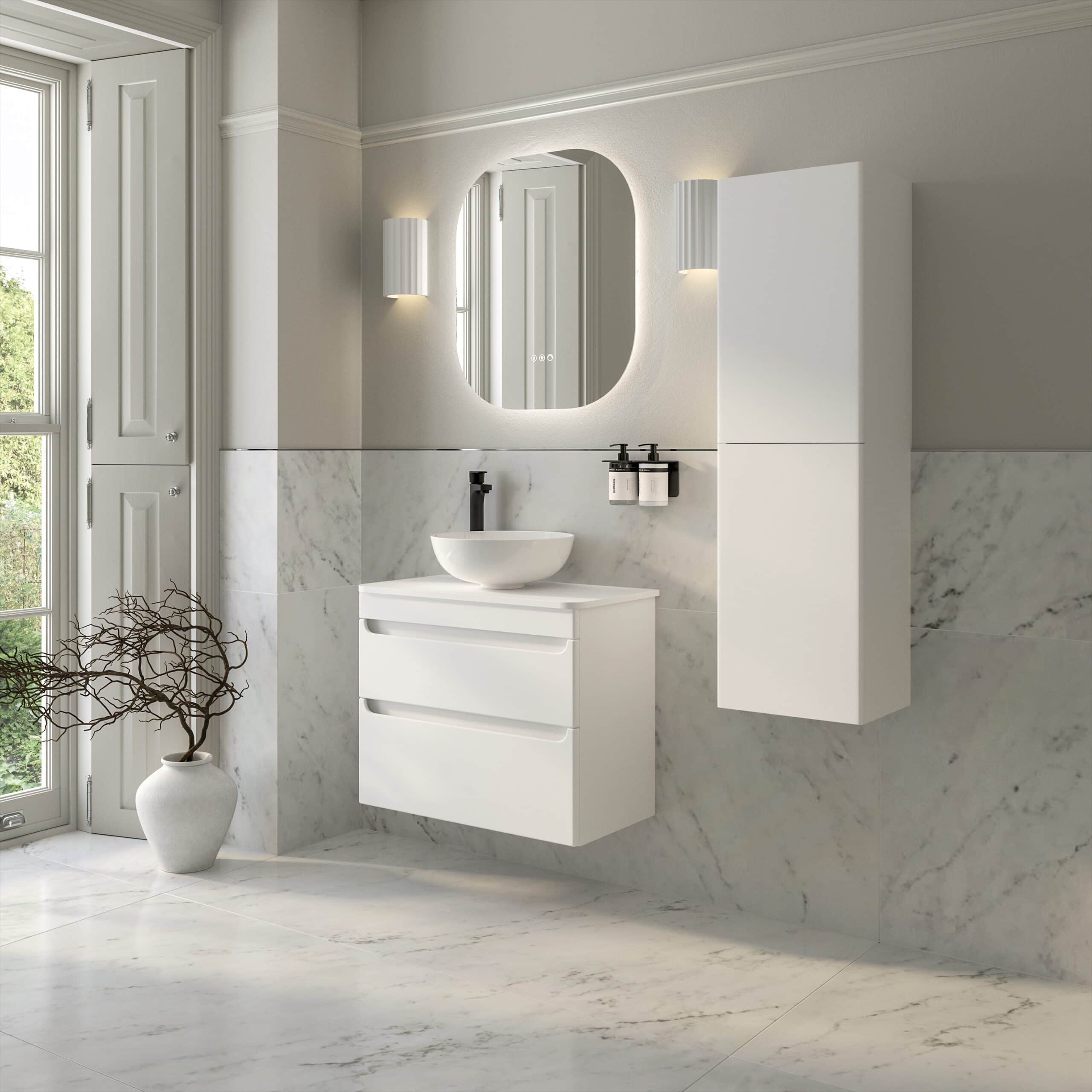 Minimalist white bathroom vanity with vessel sink, wall-mounted mirror, and modern fixtures in a bright, elegant bathroom with marble accents and natural light.