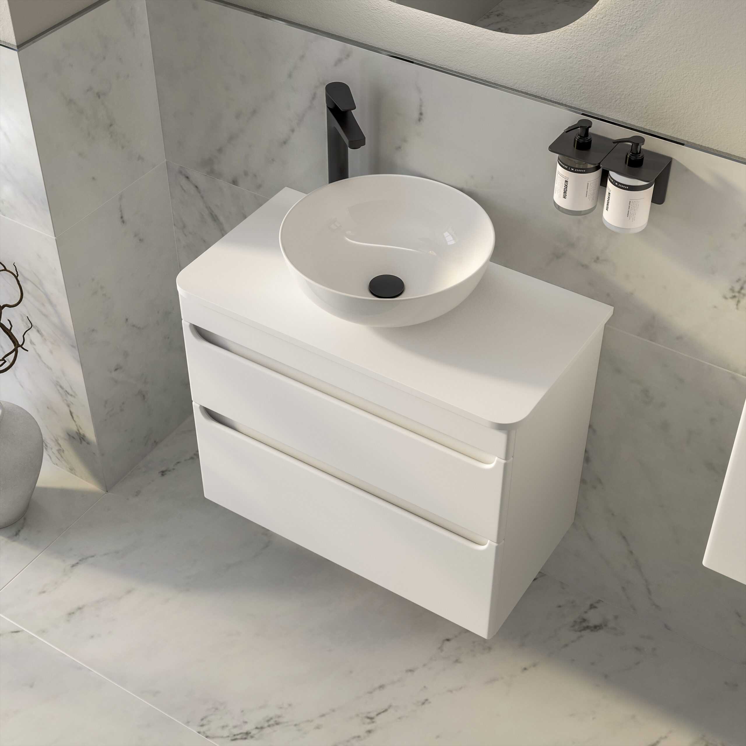 Sleek white bathroom vanity with a modern round vessel sink and black faucet, designed for contemporary bathroom interiors. Featuring storage drawers and minimalist style.