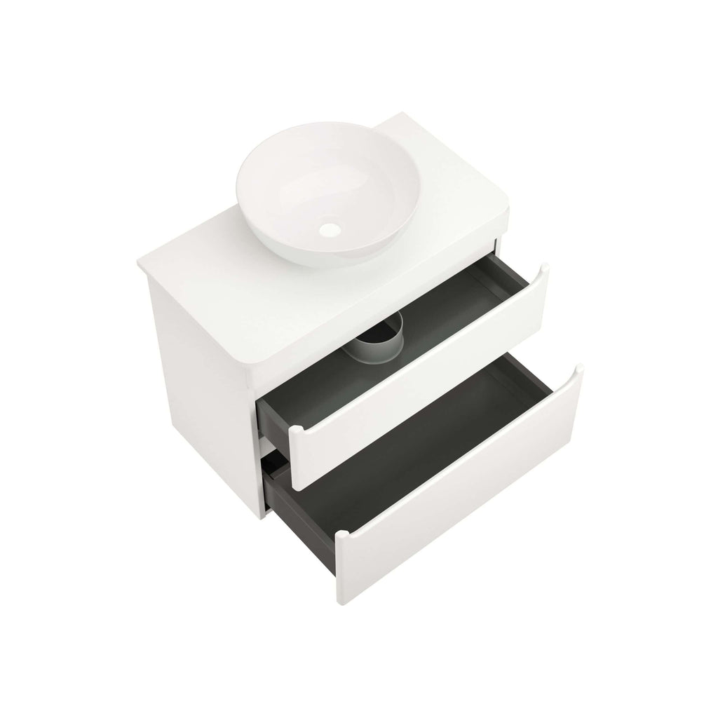 Sleek white bathroom vanity with open drawers and a modern round basin sink, perfect for contemporary bathroom upgrades. Organise your bathroom essentials with style and efficiency.
