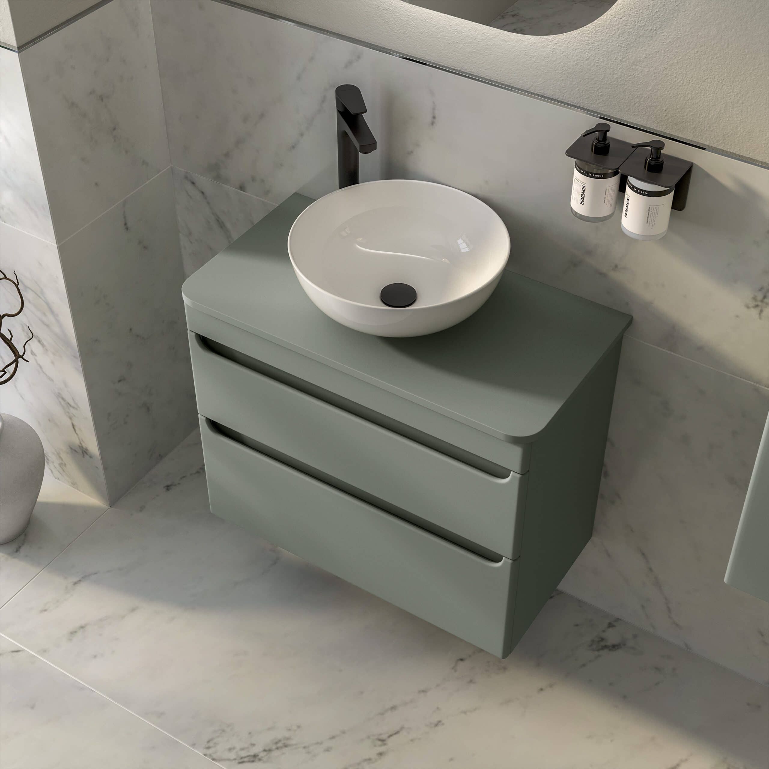 Sleek modern bathroom vanity with a round vessel sink, black fixtures, and minimalist storage drawers, ideal for contemporary bathroom design and organisation.