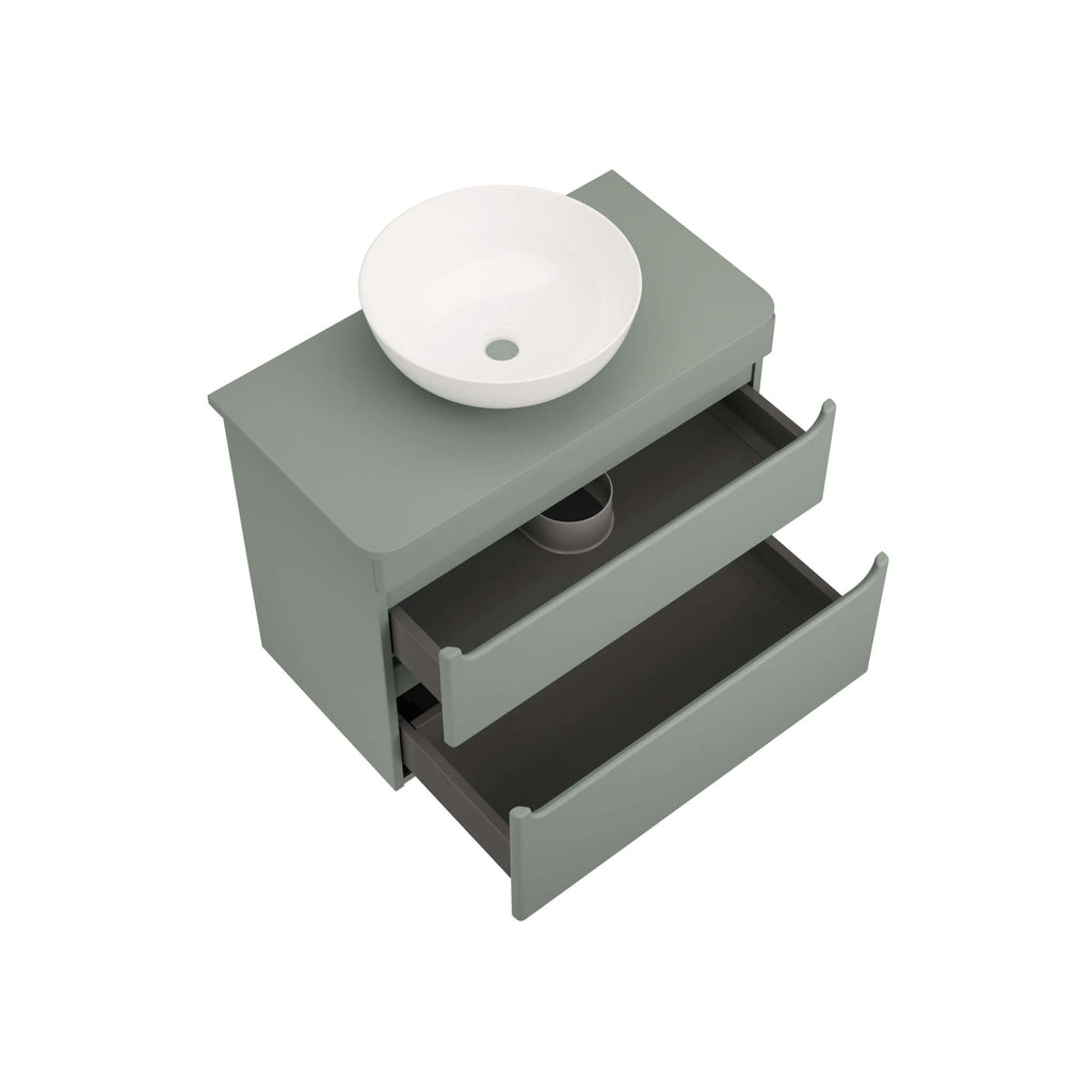 Luxurious bathroom vanity with a modern round white ceramic sink, stylish storage drawers, and sleek soft-close handles, perfect for contemporary bathroom designs and organisation.