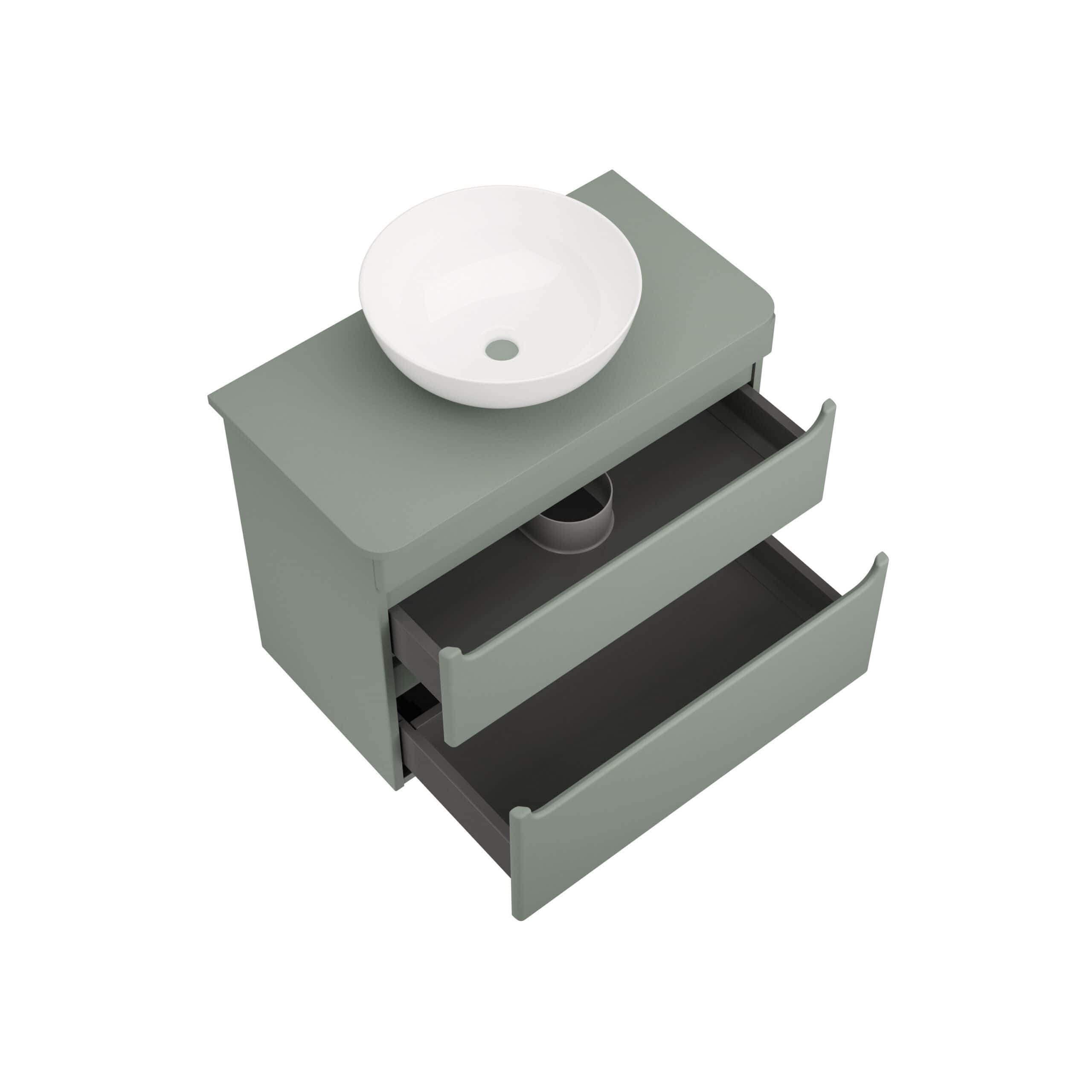 Luxurious bathroom vanity with a modern round white ceramic sink, stylish storage drawers, and sleek soft-close handles, perfect for contemporary bathroom designs and organisation.