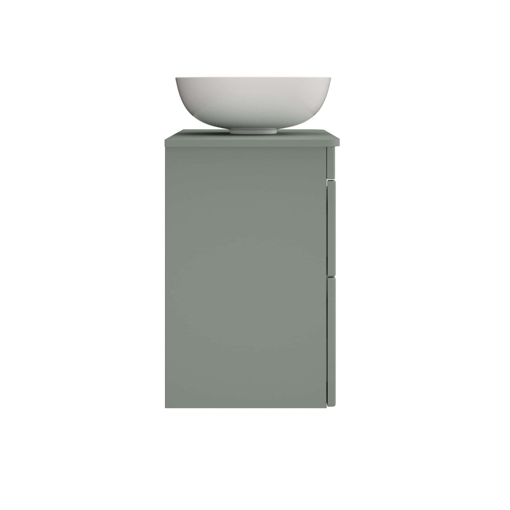 Elegant bathroom vanity with grey cabinet and modern white vessel sink from Bubly Bathrooms. Perfect for contemporary bathroom designs.