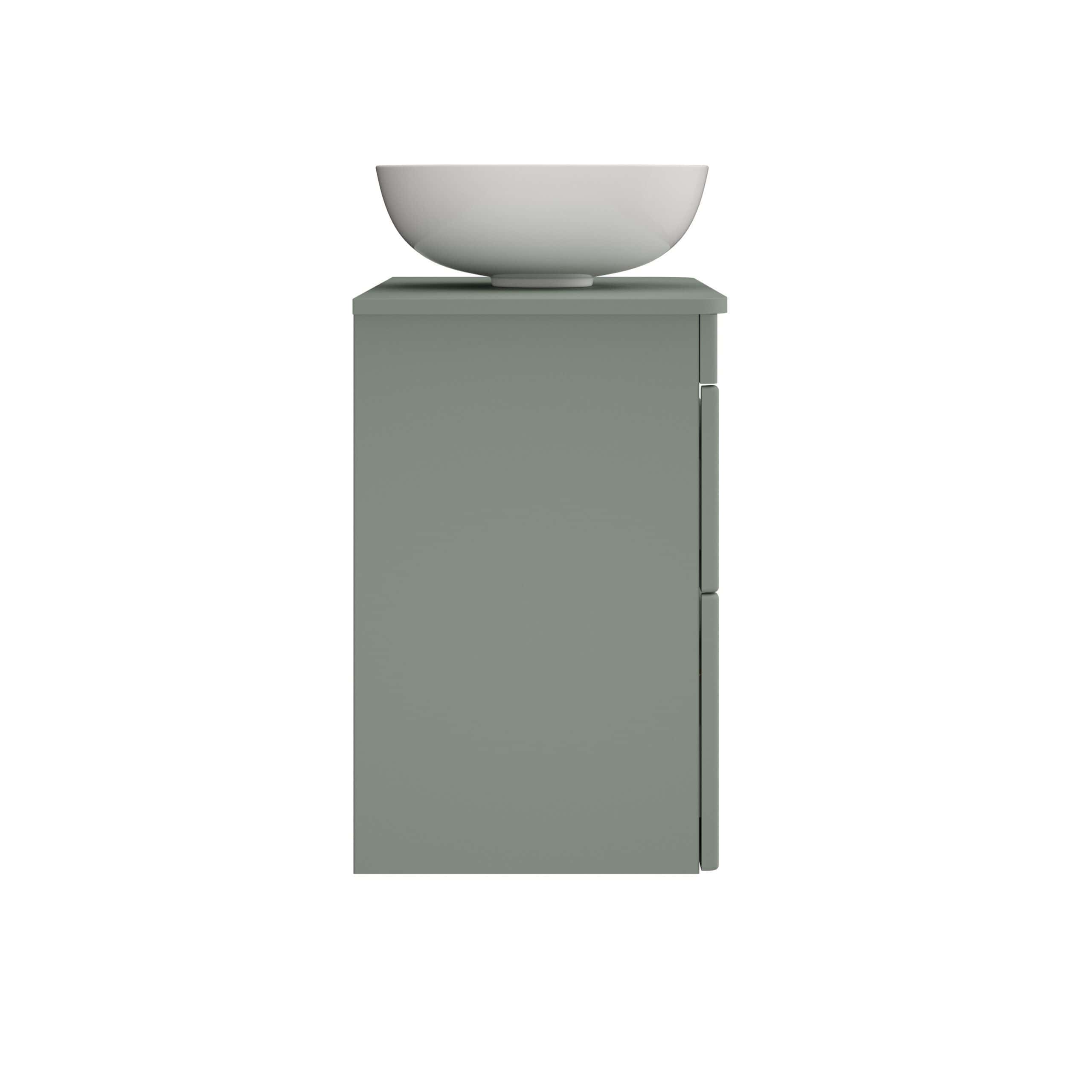 Elegant bathroom vanity with grey cabinet and modern white vessel sink from Bubly Bathrooms. Perfect for contemporary bathroom designs.