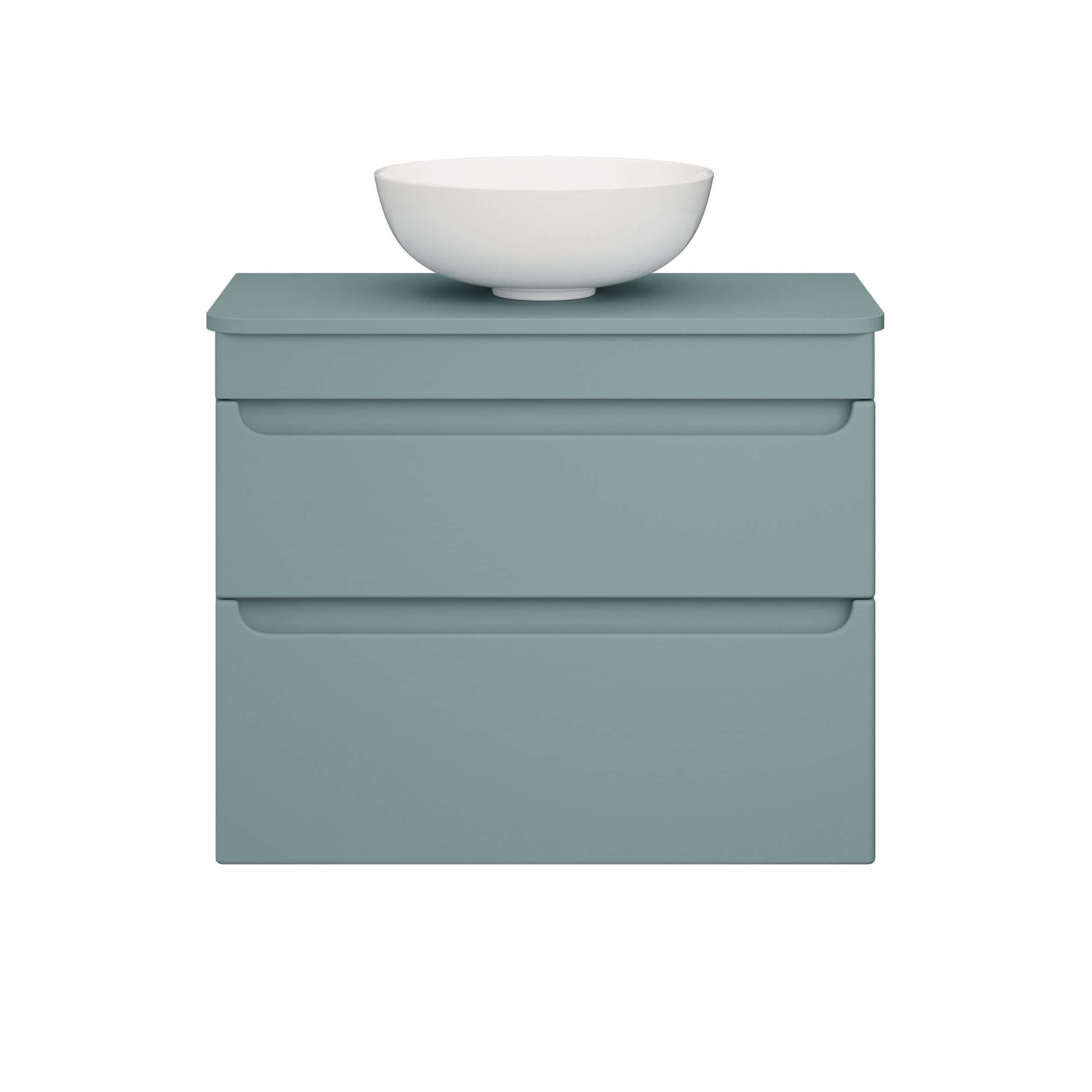 Minimalist bathroom vanity unit with a sleek, matte sage green finish topped with a modern white ceramic bowl sink, perfect for contemporary bathroom or ensuite designs.