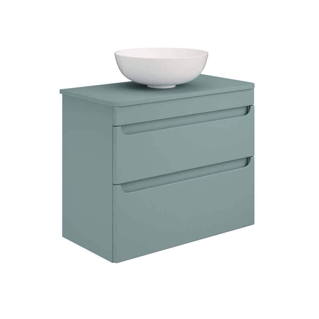 Modern blue bathroom vanity with built-in drawers and a stylish white vessel sink, perfect for contemporary bathroom designs. Crafted for functionality and aesthetic appeal in home bathrooms.