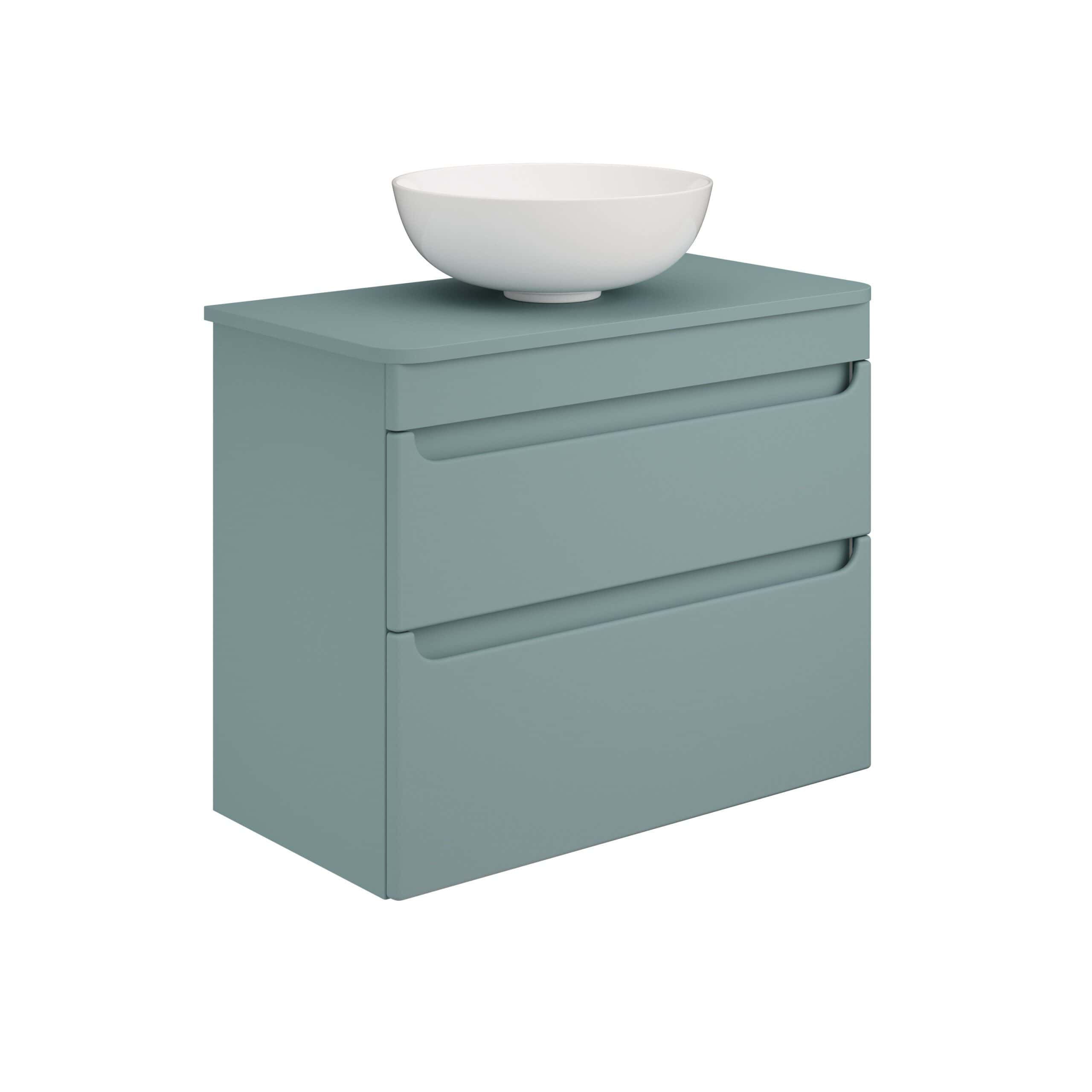 Modern blue bathroom vanity with built-in drawers and a stylish white vessel sink, perfect for contemporary bathroom designs. Crafted for functionality and aesthetic appeal in home bathrooms.