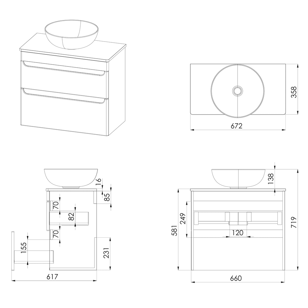 Sleek modern bathroom vanity with round vessel sink, storage drawers, and detailed measurements, perfect for contemporary bathroom design and renovation projects.