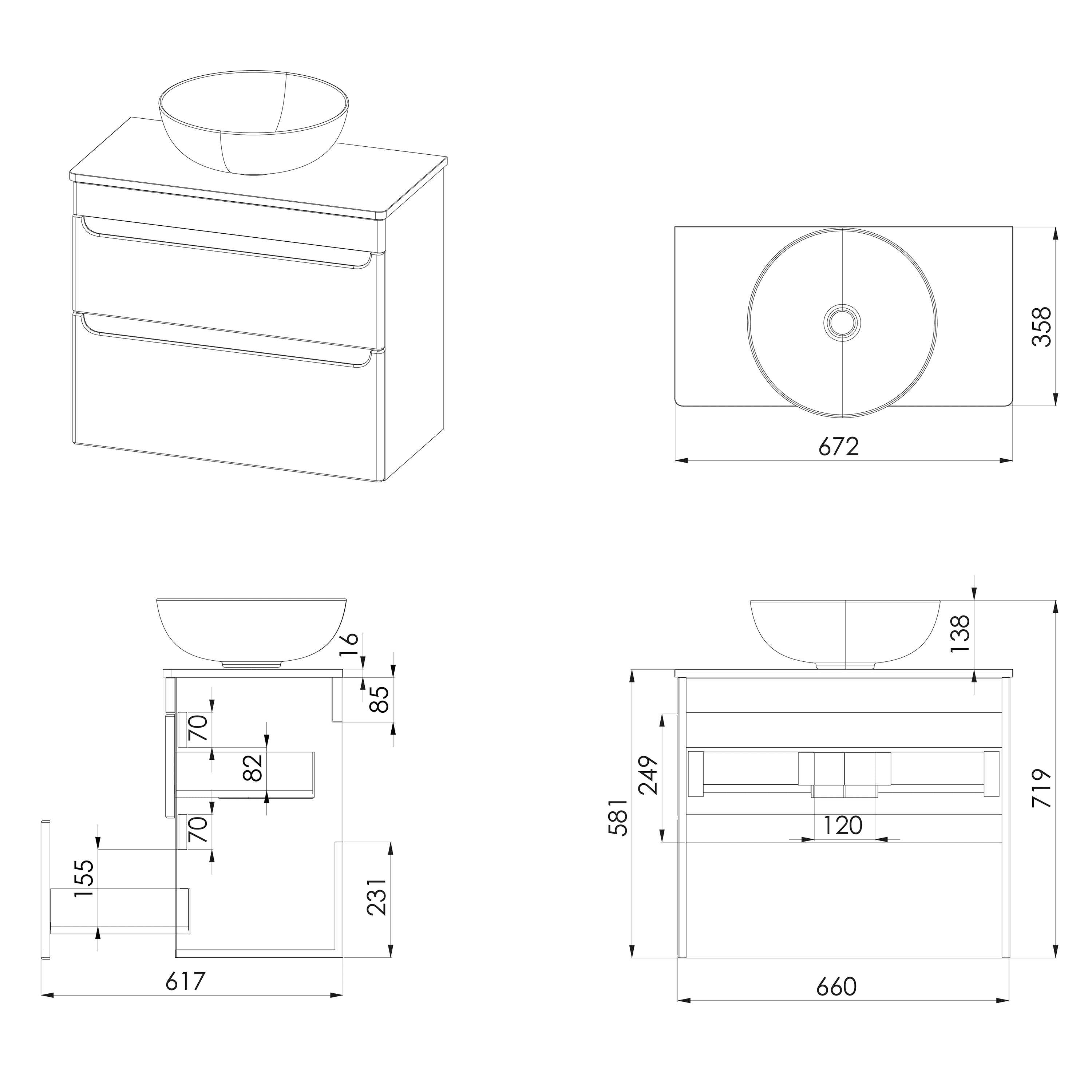 Sleek modern bathroom vanity with round vessel sink, storage drawers, and detailed measurements, perfect for contemporary bathroom design and renovation projects.