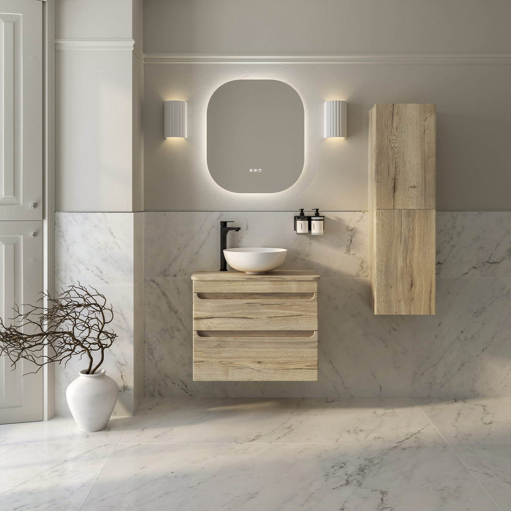 Sleek modern bathroom vanity with round vessel sink, wall-mounted faucet, and minimalist wooden storage in a contemporary bathroom setting.