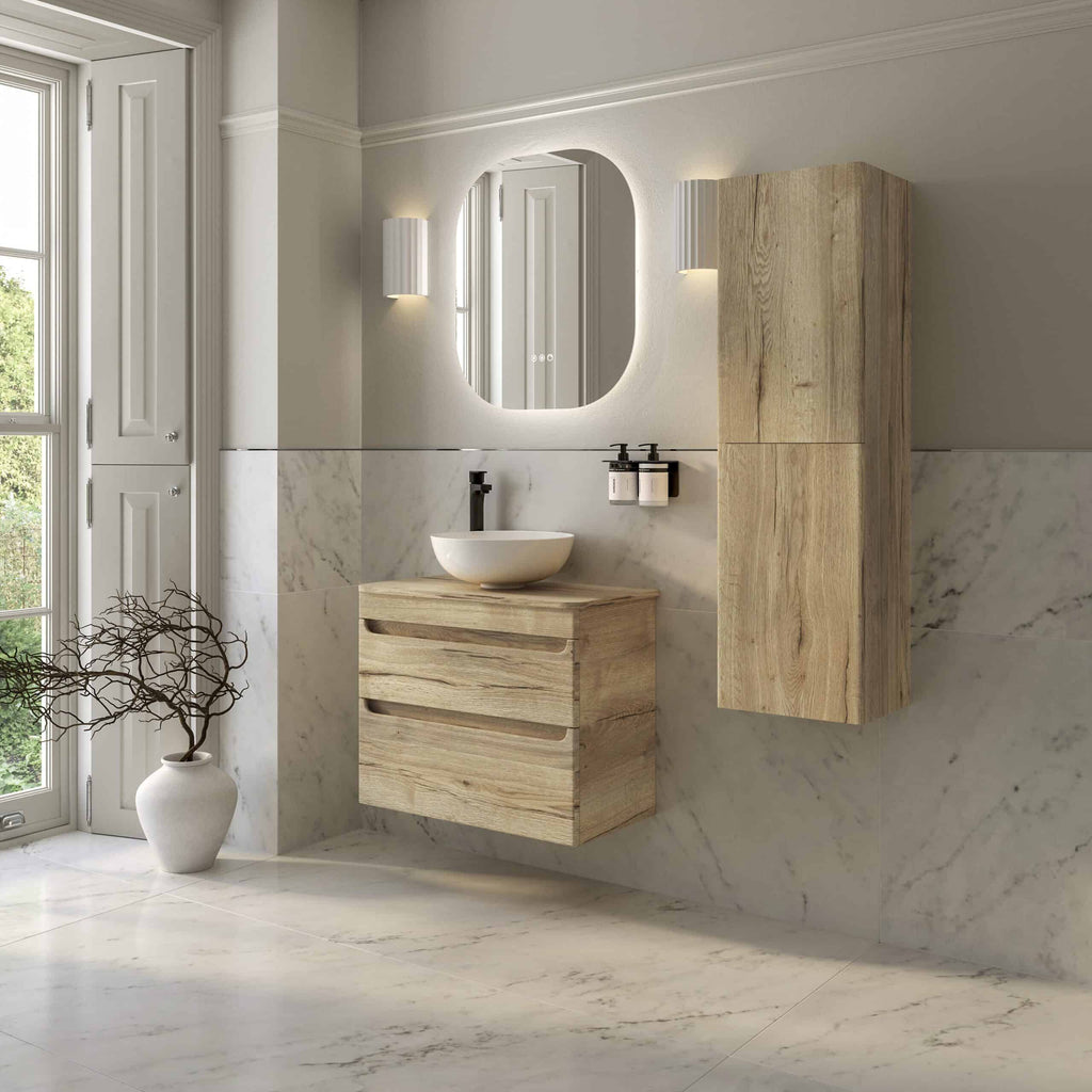 Elegant bathroom vanity with wooden cabinetry, vessel sink, and large mirror, showcasing modern bathroom design and natural materials at Bubly Bathrooms.