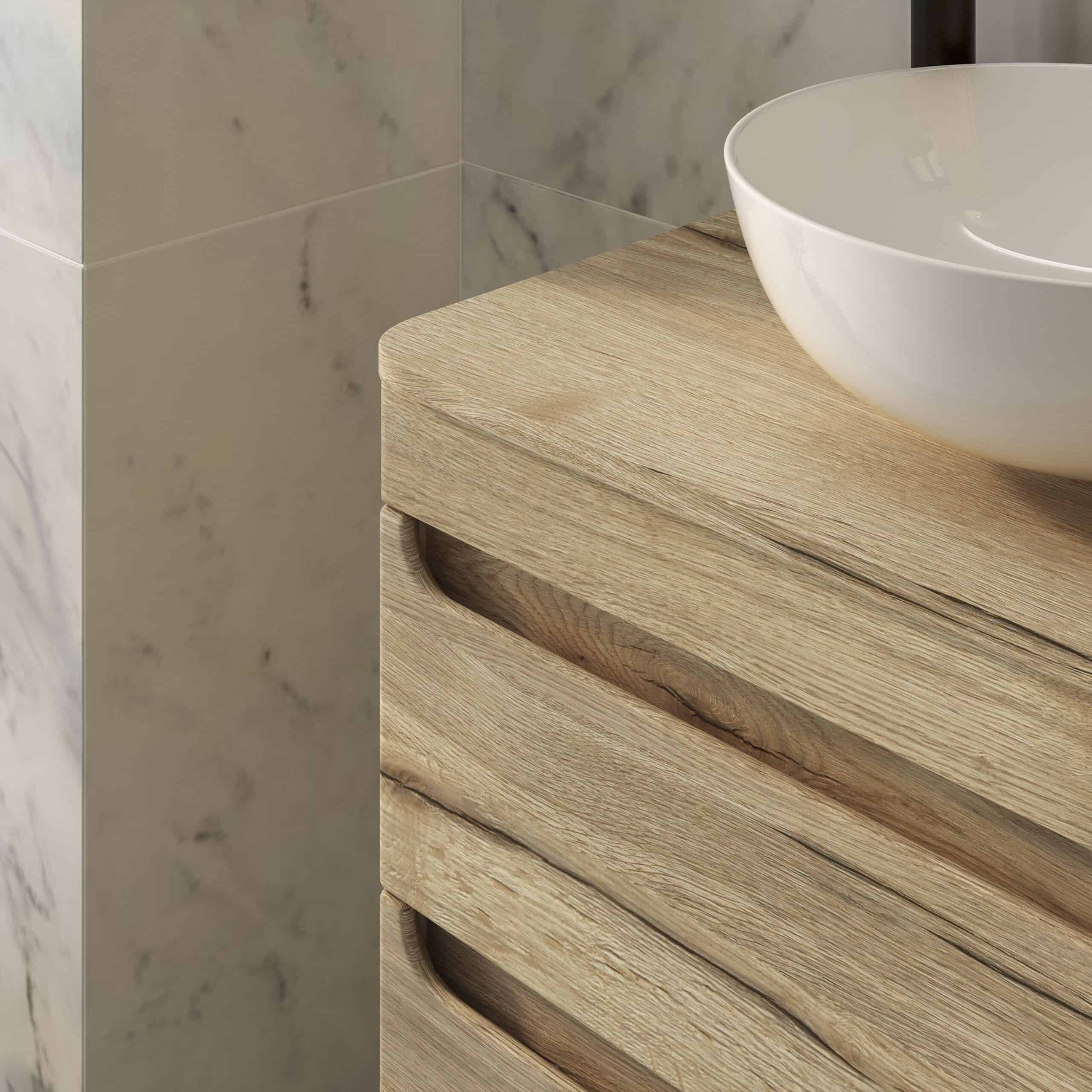 Sleek wooden bathroom vanity with a round white vessel sink, modern bathroom design, natural wood finish, marble wall tile, minimalist bathroom vanity unit, elegant bathroom furniture.