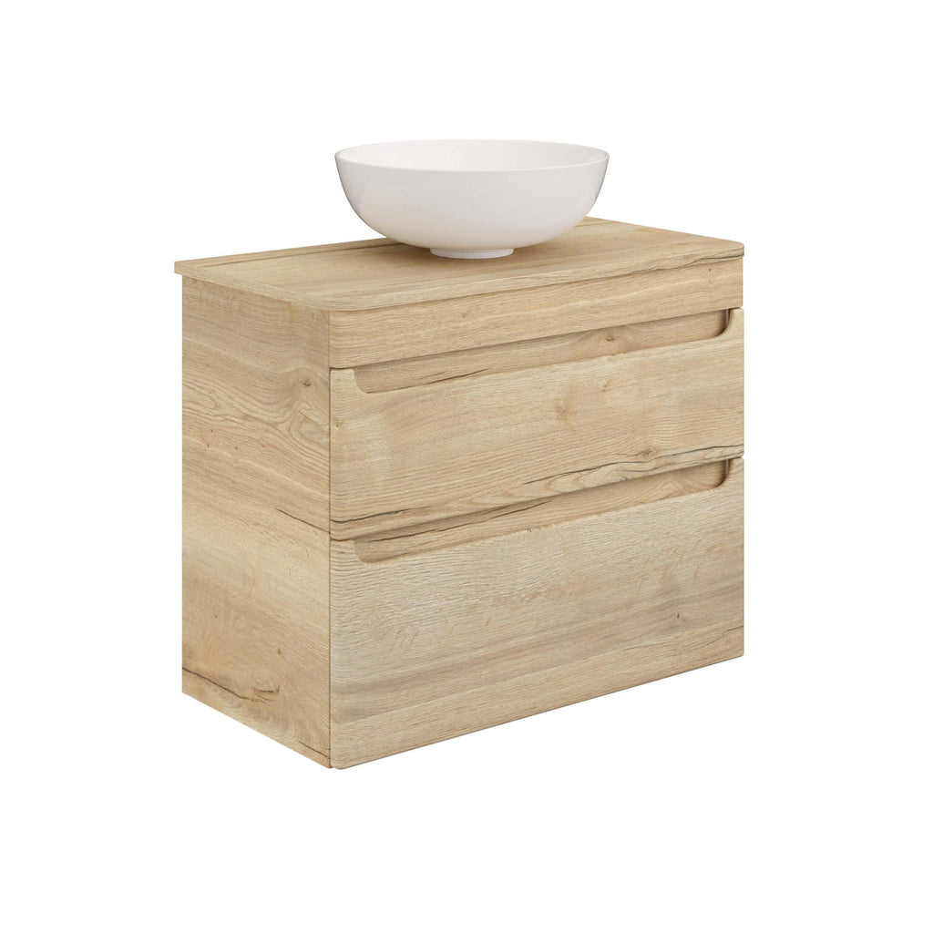 Solid wood bathroom vanity with a natural finish and a round ceramic basin for a modern, minimalist bathroom design. Ideal for creating a stylish, functional space.