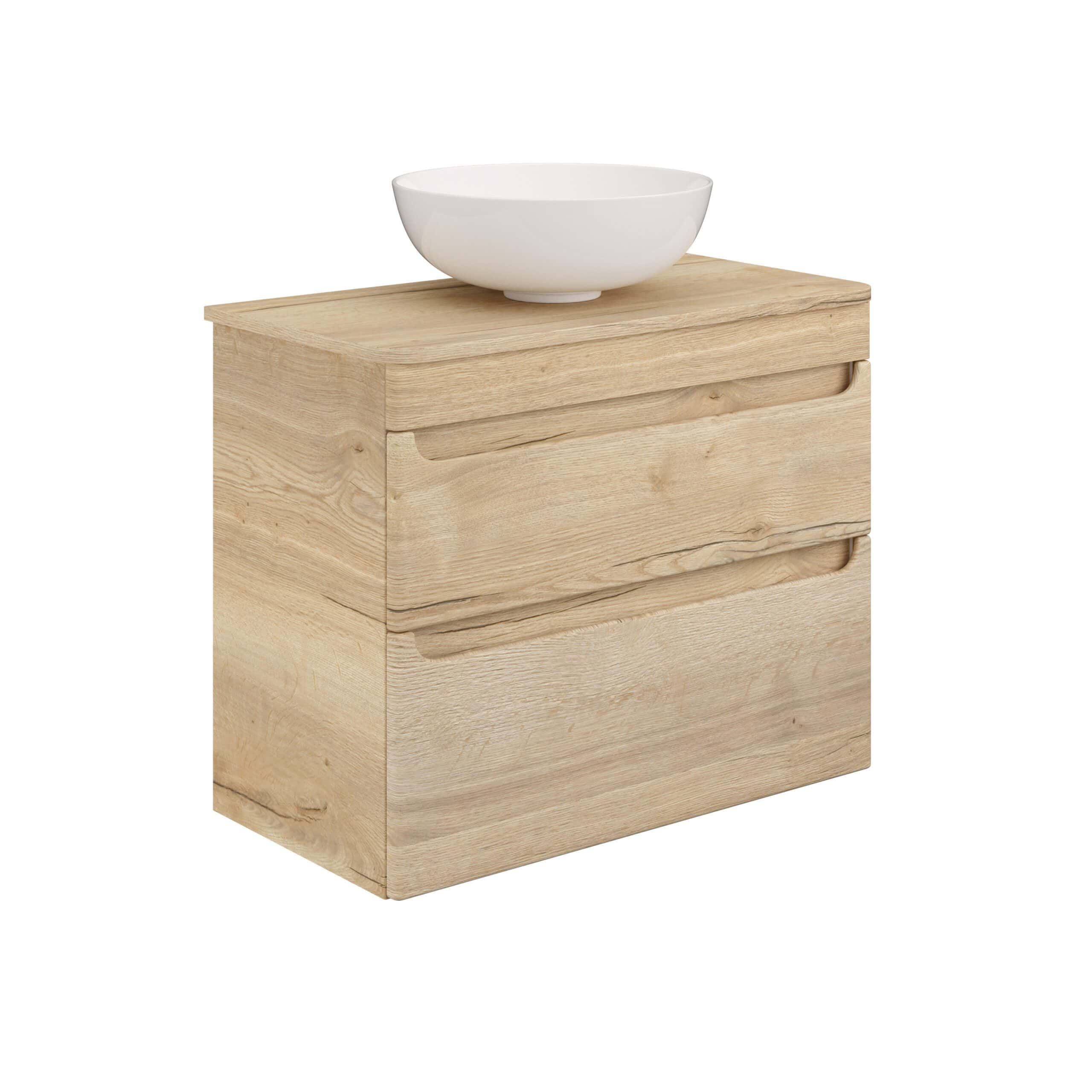 Solid wood bathroom vanity with a natural finish and a round ceramic basin for a modern, minimalist bathroom design. Ideal for creating a stylish, functional space.