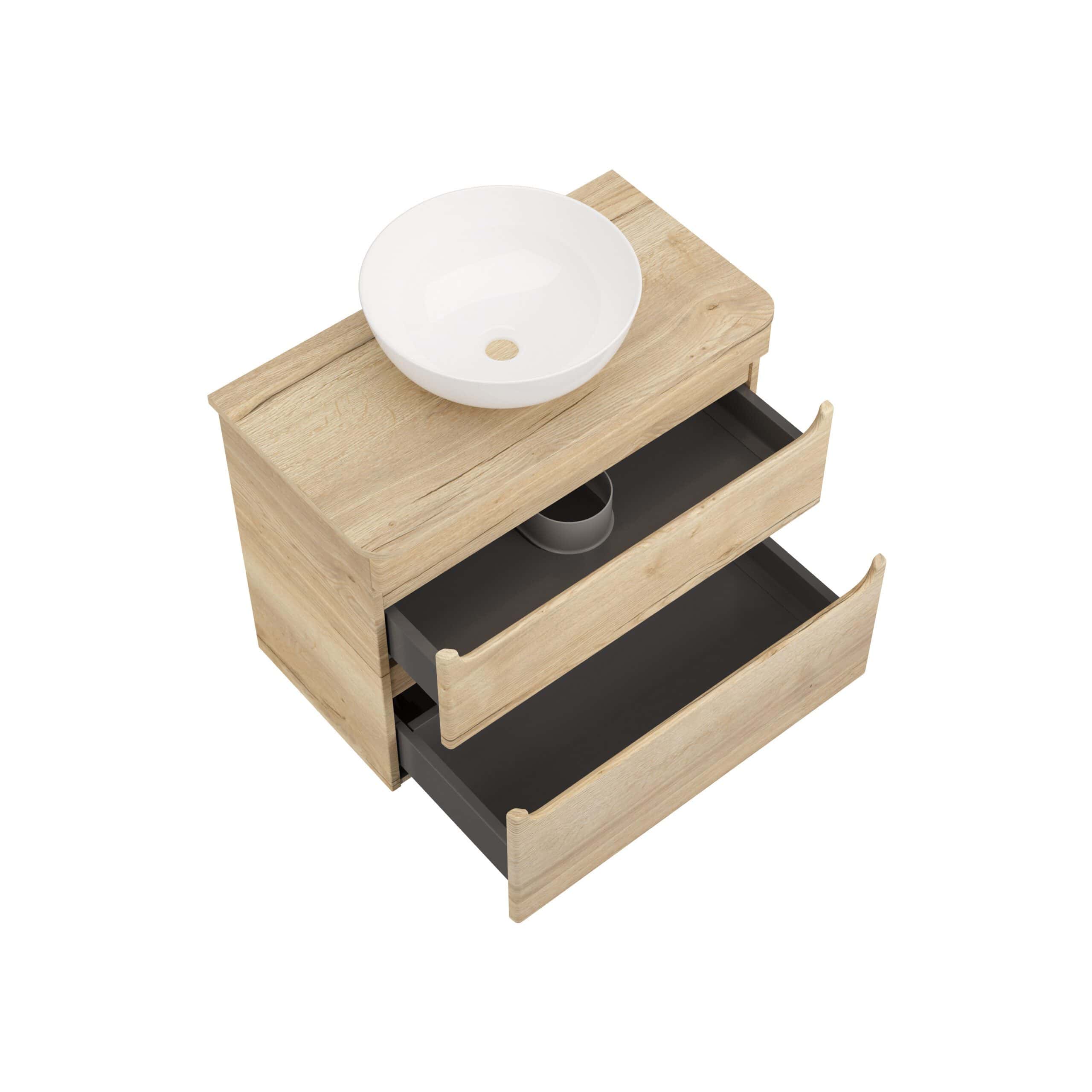 Modern wooden bathroom vanity with a white ceramic vessel sink and open drawers for bathroom storage. Stylish design combining natural wood finish with functional storage.