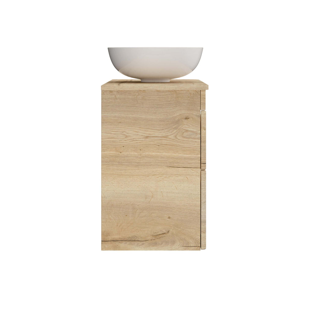 Contemporary wooden bathroom vanity with a white ceramic vessel sink on top, showcasing modern bathroom design and natural wood finish. Perfect for bathroom renovation and stylish storage solutions.
