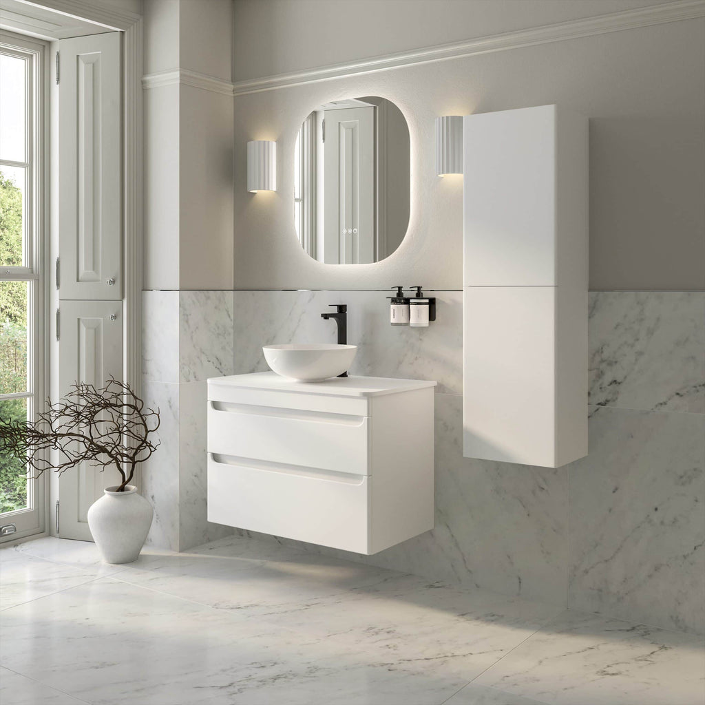 Stylish modern white bathroom vanity with vessel sink, large mirror, and sleek storage cabinet, set in a contemporary bathroom with marble tiles and natural light, perfect for bathroom renovation.