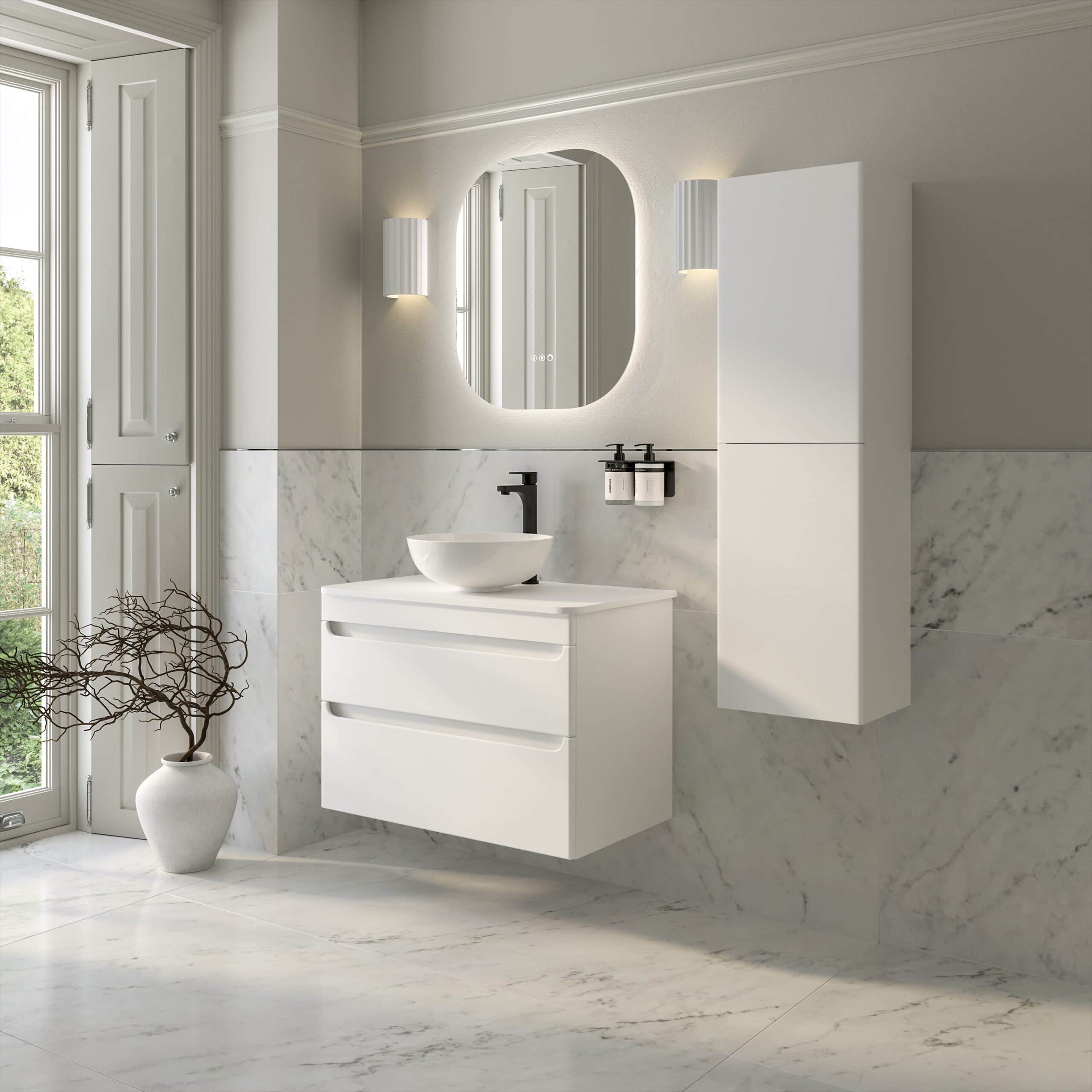Stylish modern white bathroom vanity with vessel sink, large mirror, and sleek storage cabinet, set in a contemporary bathroom with marble tiles and natural light, perfect for bathroom renovation.