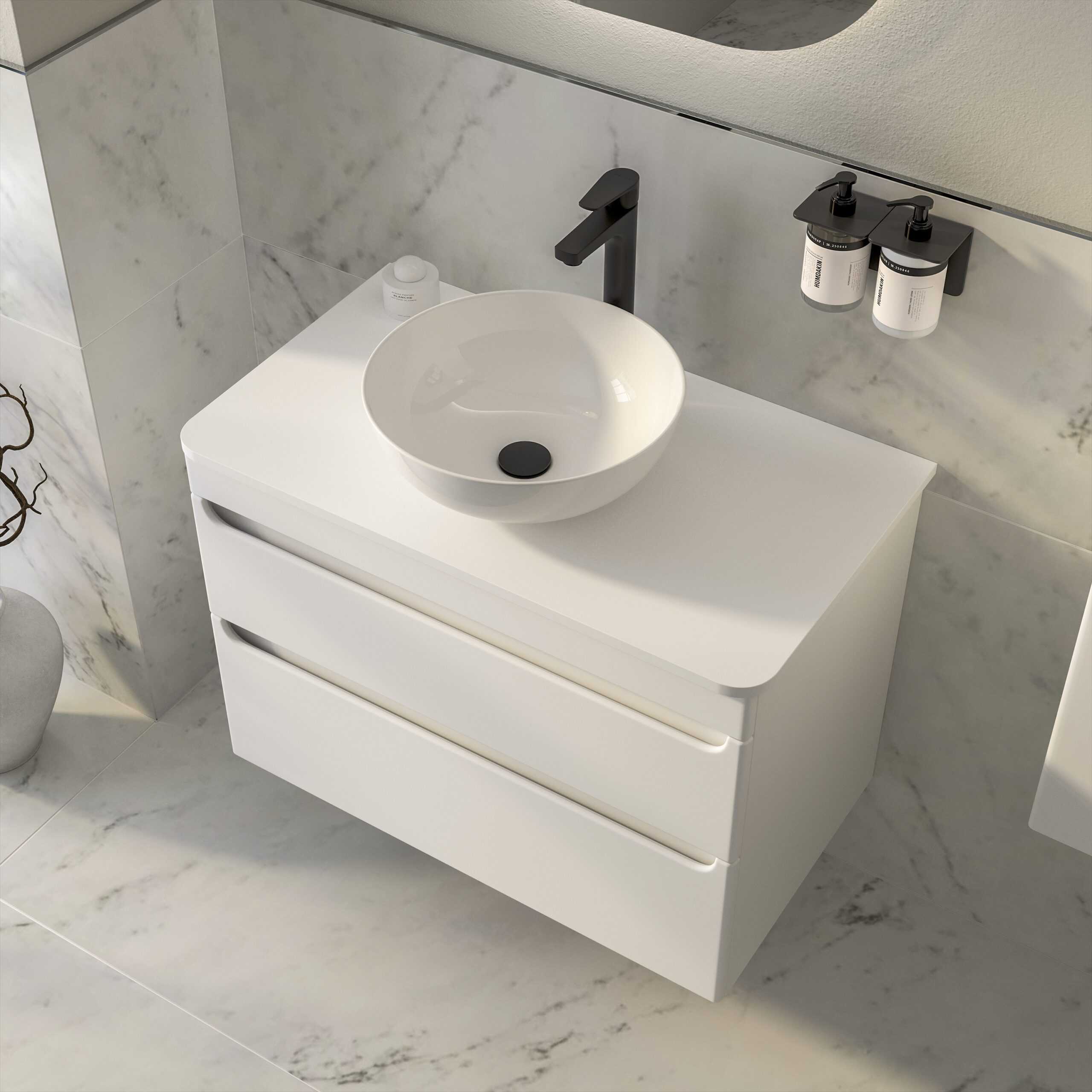 Modern white bathroom vanity with a stylish vessel sink and matte black fixtures, perfect for contemporary bathroom designs and improving bathroom aesthetics.