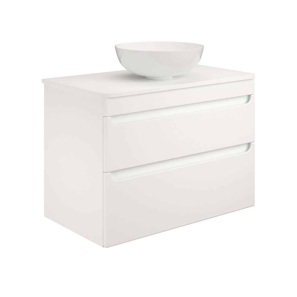 Minimalist white bathroom vanity with integrated drawers and a modern ceramic basin, ideal for contemporary bathroom renovations and storage solutions.