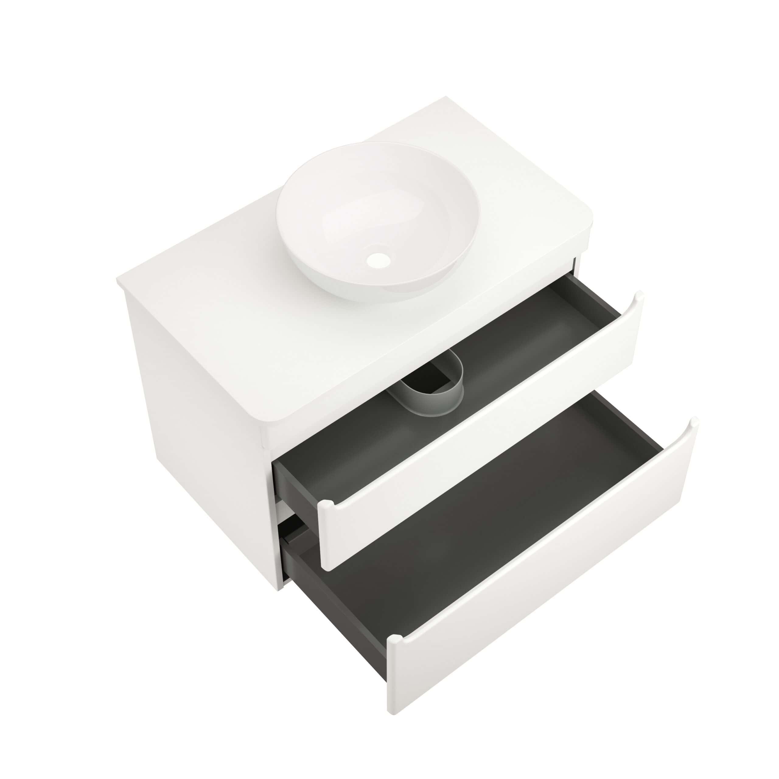 Modern white bathroom vanity with a round vessel sink, designed for stylish and functional bathroom storage in contemporary interiors. Perfect for organising toiletries and essentials.