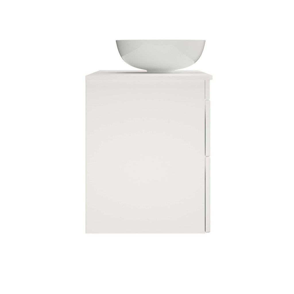 Minimalist white bathroom vanity with a sleek cabinet and a modern vessel sink, ideal for contemporary bathroom designs. Perfect for adding style and functionality to small or large bathrooms.