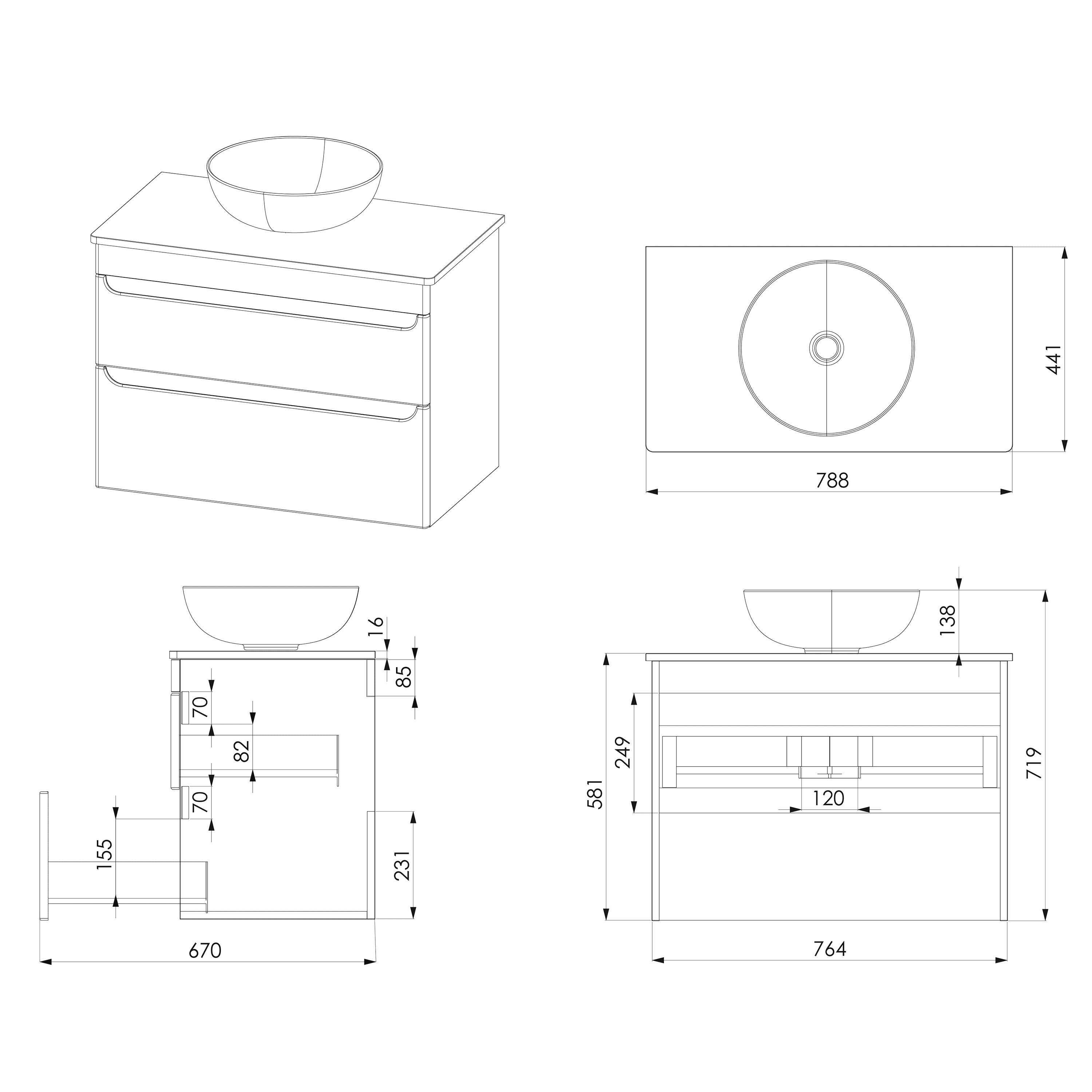 Modern bathroom vanity with integrated sink, detailed technical drawing showcasing dimensions and design features for Bubly Bathrooms.