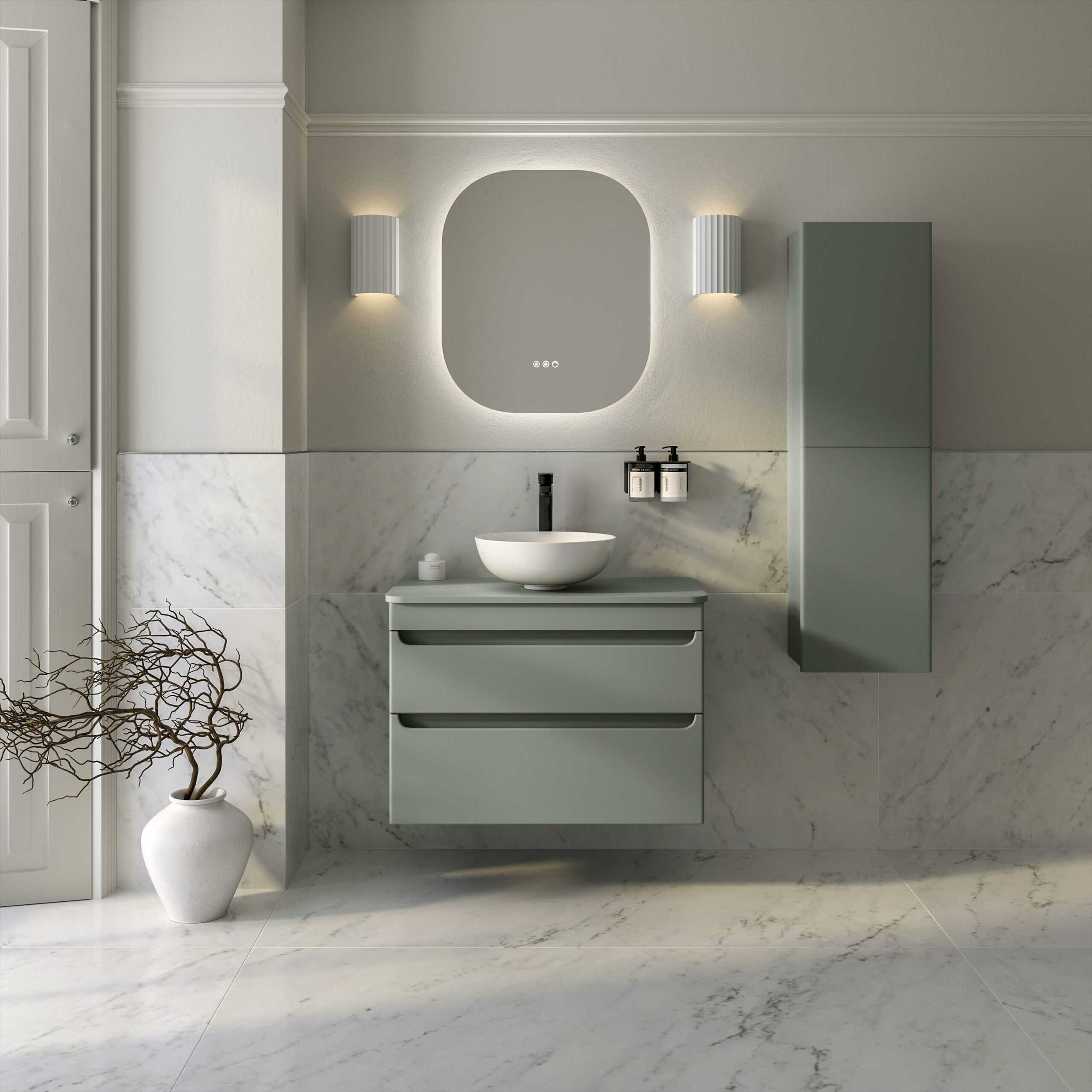 Modern grey bathroom vanity unit with a vessel sink, wall-mounted mirror, and sleek lighting, creating a minimalist and functional bathroom design.