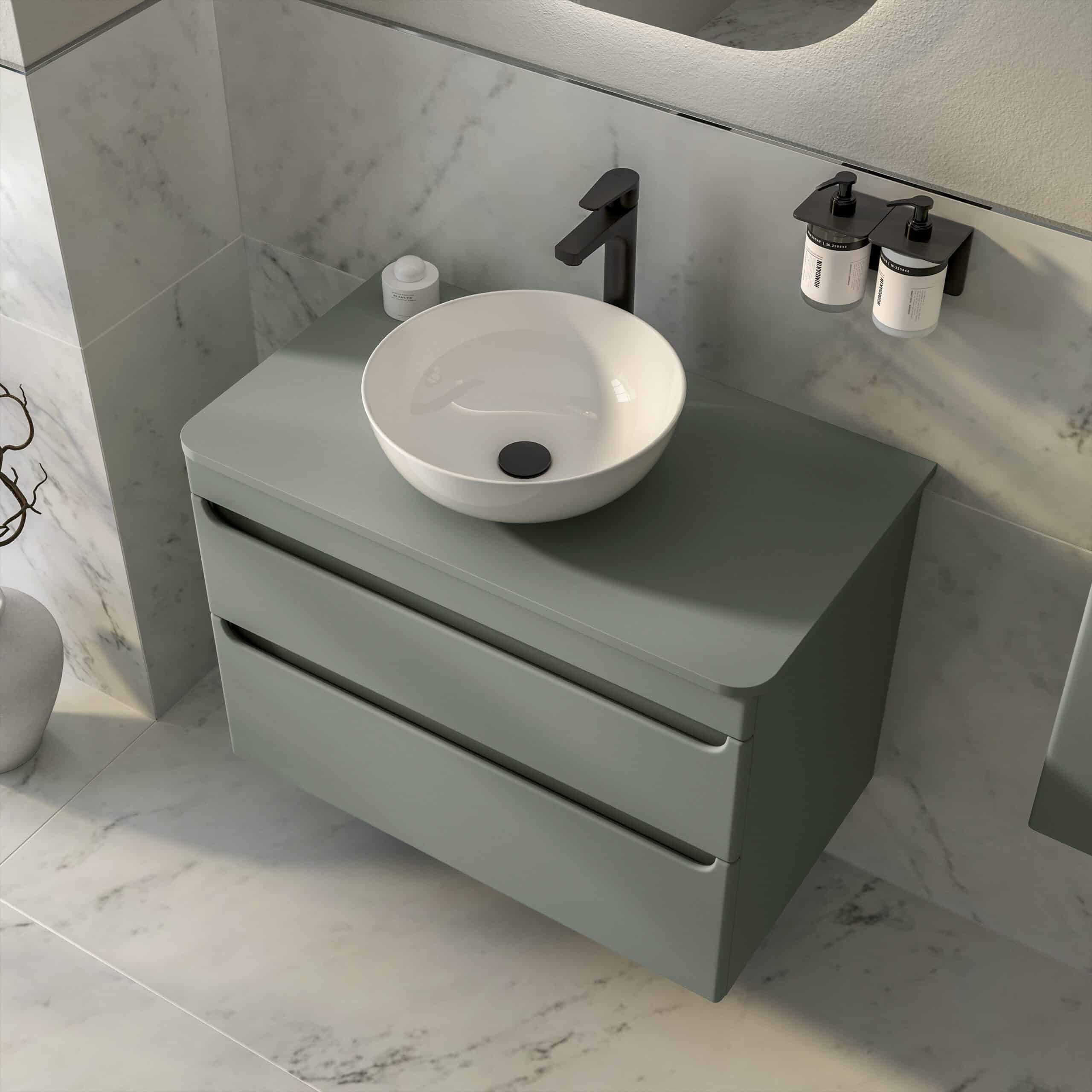 Modern grey bathroom vanity with a white vessel sink and black fixtures, featuring sleek drawers and wall-mounted soap dispensers for contemporary bathroom design.